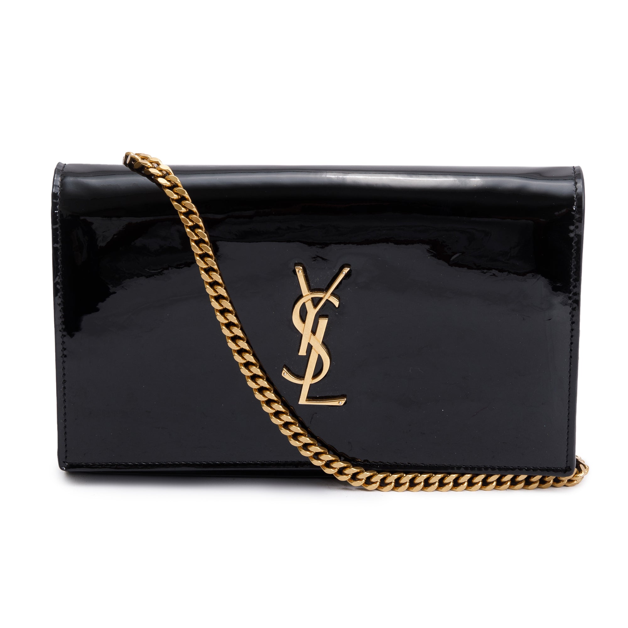 Saint Laurent Black Patent Leather Cassandre Wallet on Chain