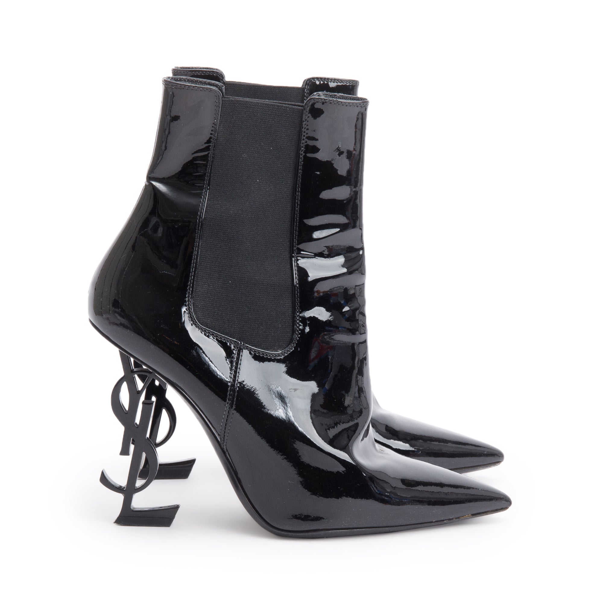 Saint Laurent Black Patent Leather Opyum Booties, Size 37.5