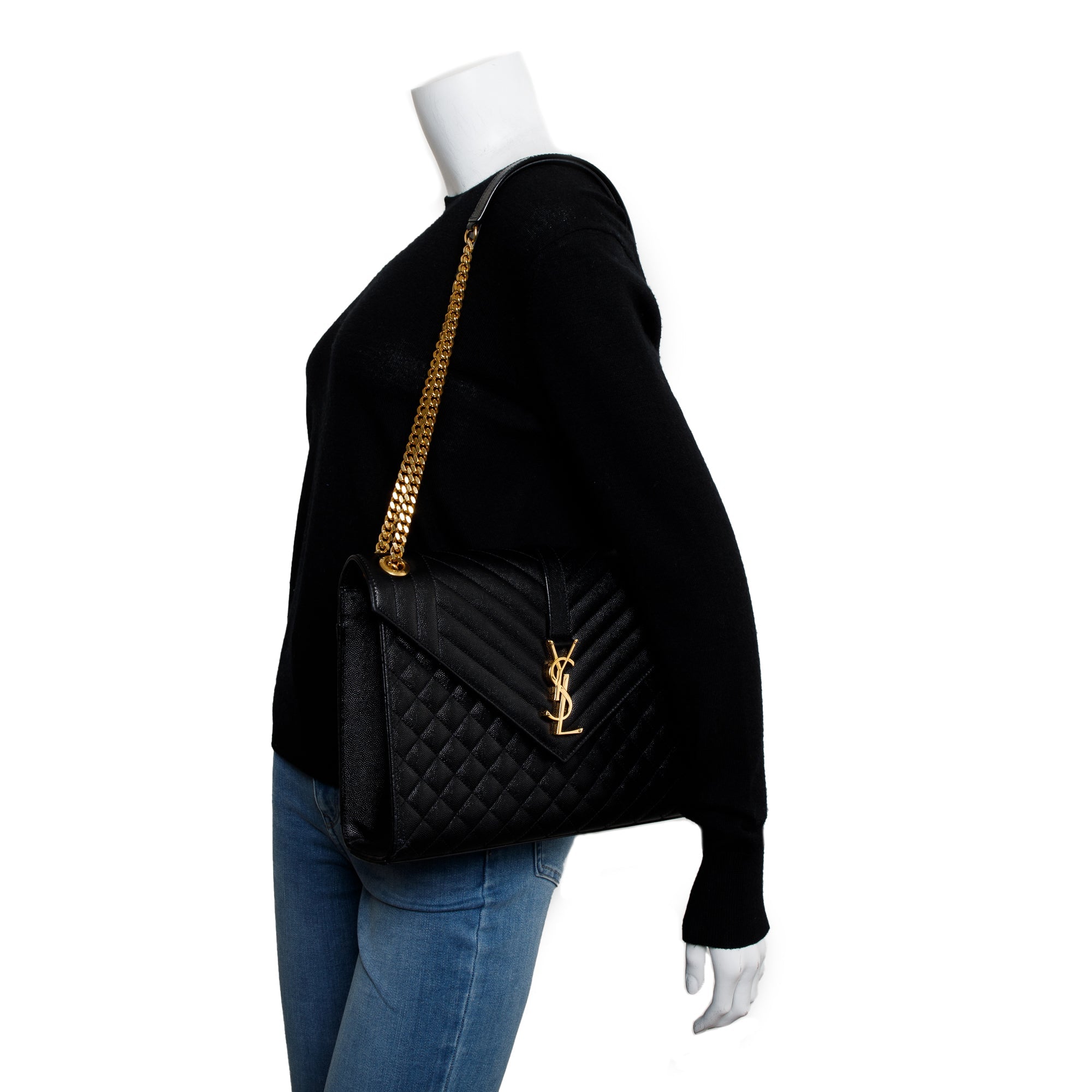 Saint Laurent Black Quilted Grain De Poudre Leather Large Envelope Chain Bag