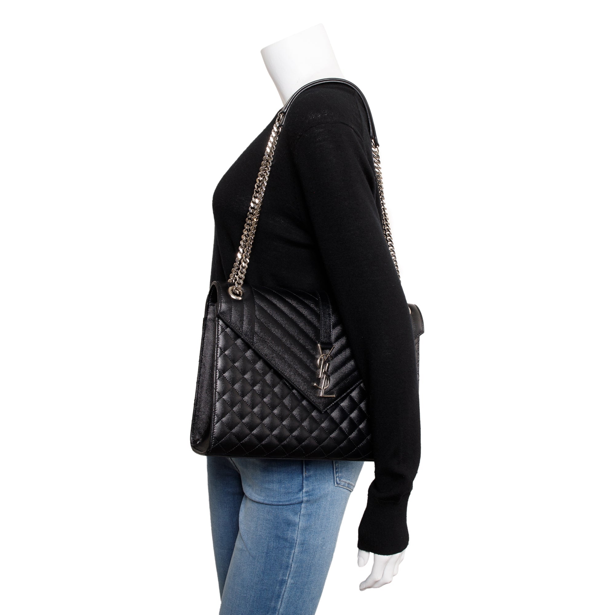 Saint Laurent Black Quilted Grain De Poudre Leather Large Envelope Chain Bag