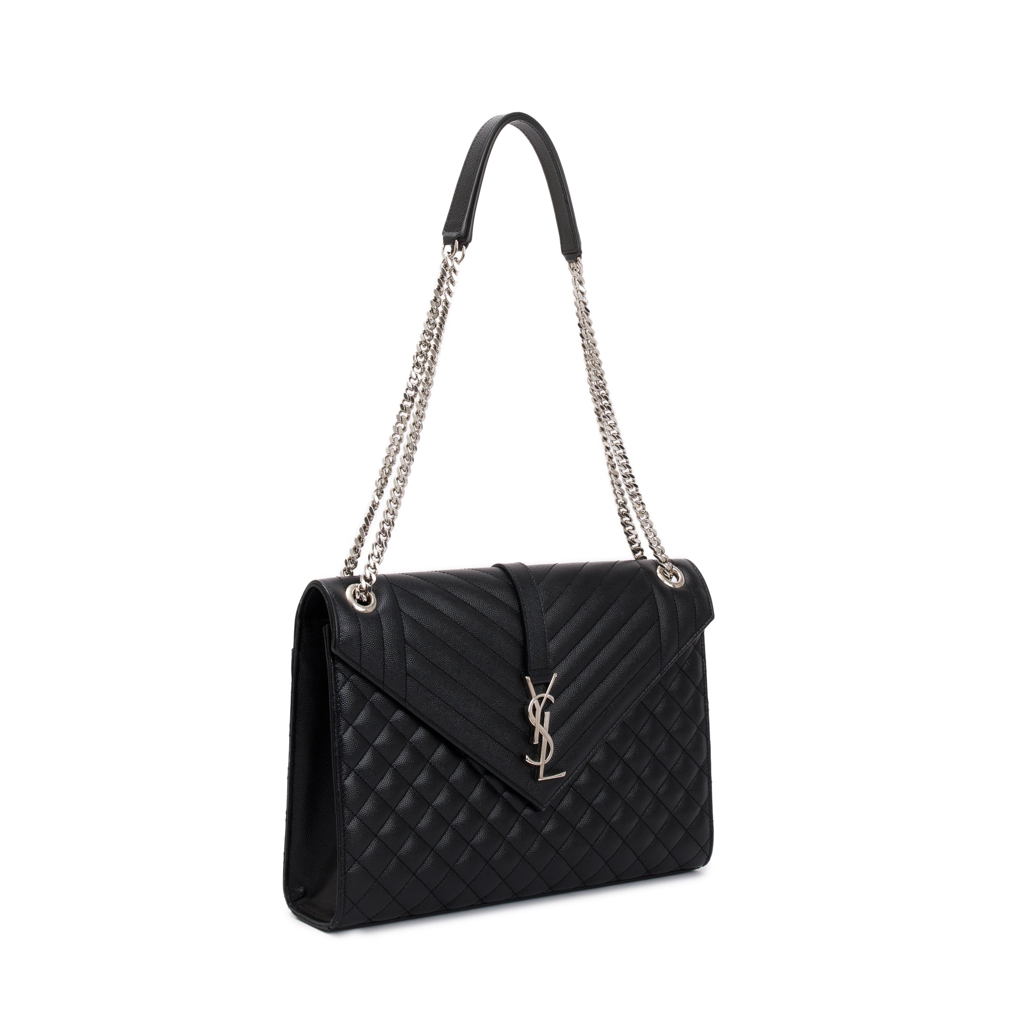 Saint Laurent Black Quilted Grain De Poudre Leather Large Envelope Chain Bag