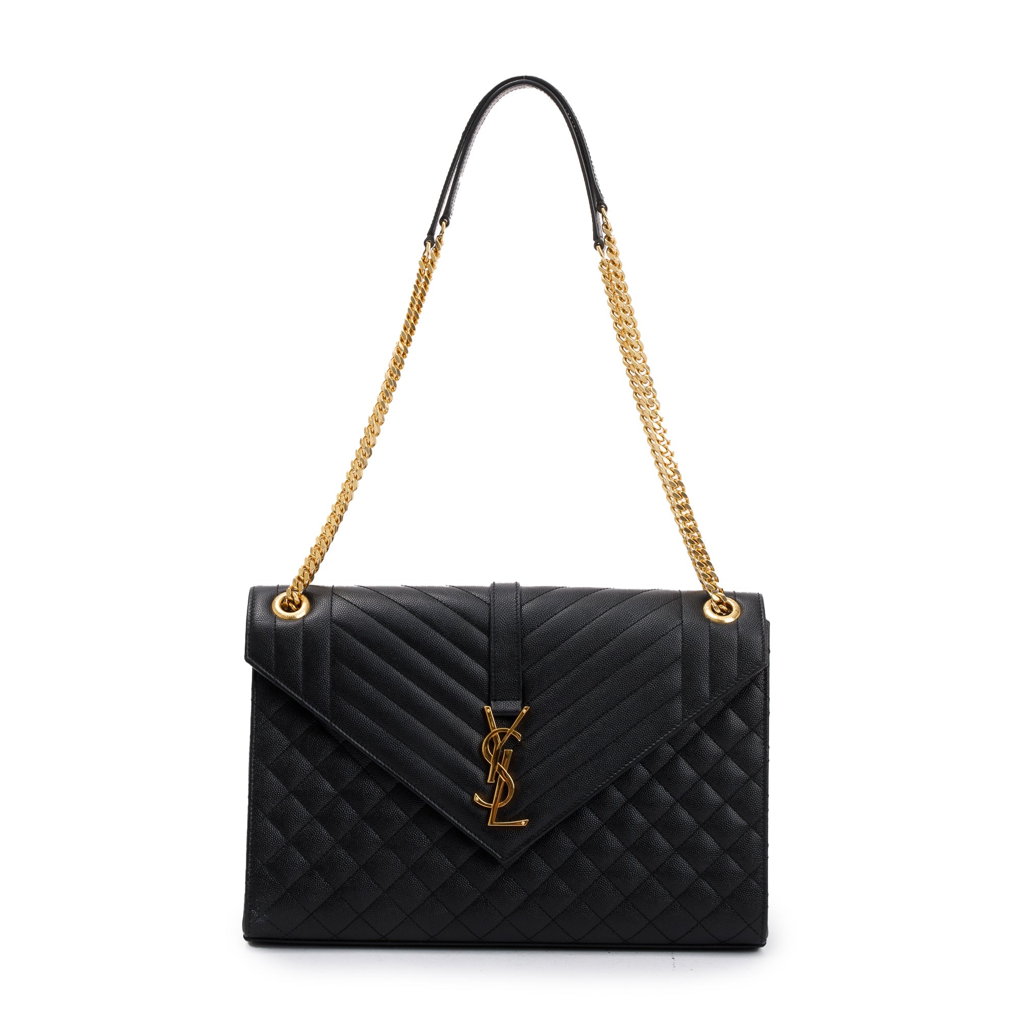 Saint Laurent Black Quilted Grain De Poudre Leather Large Envelope Chain Bag