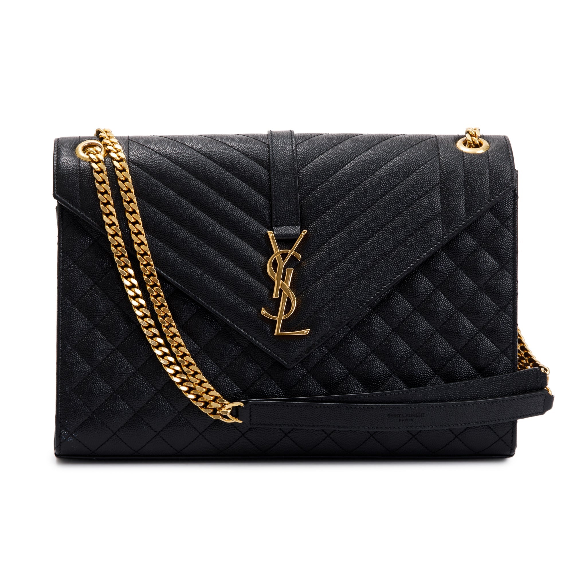 Saint Laurent Black Quilted Grain De Poudre Leather Large Envelope Chain Bag