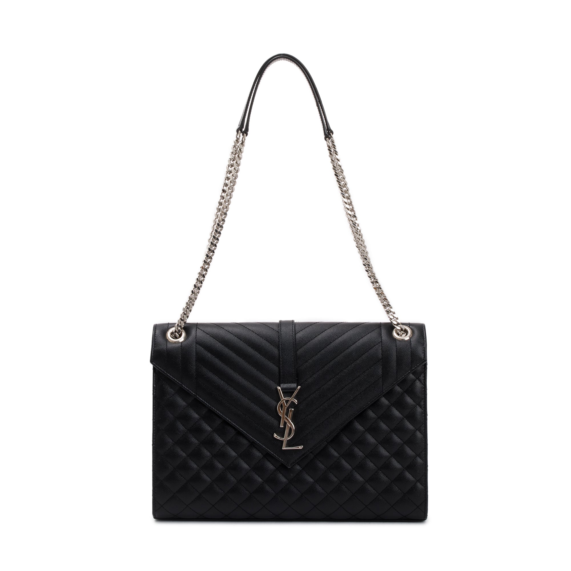 Saint Laurent Black Quilted Grain De Poudre Leather Large Envelope Chain Bag