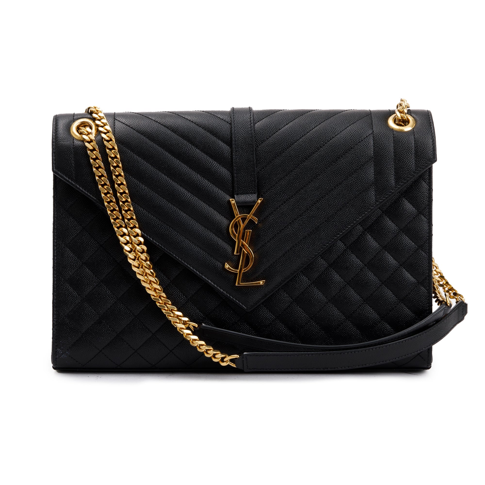 Saint Laurent Black Quilted Grain De Poudre Leather Large Envelope Chain Bag