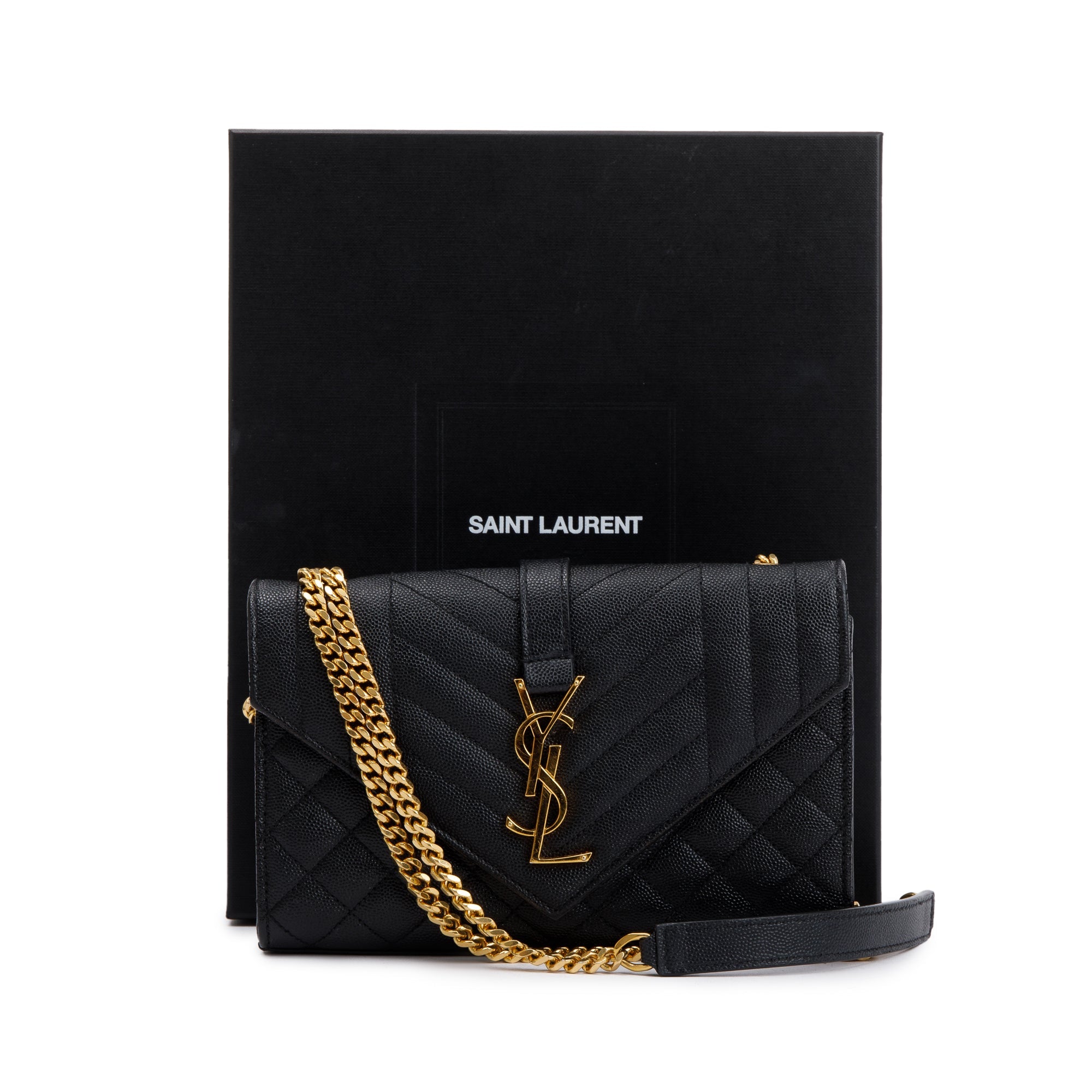 Saint Laurent Black Quilted Grain De Poudre Leather Small Envelope Chain Bag w/ Box