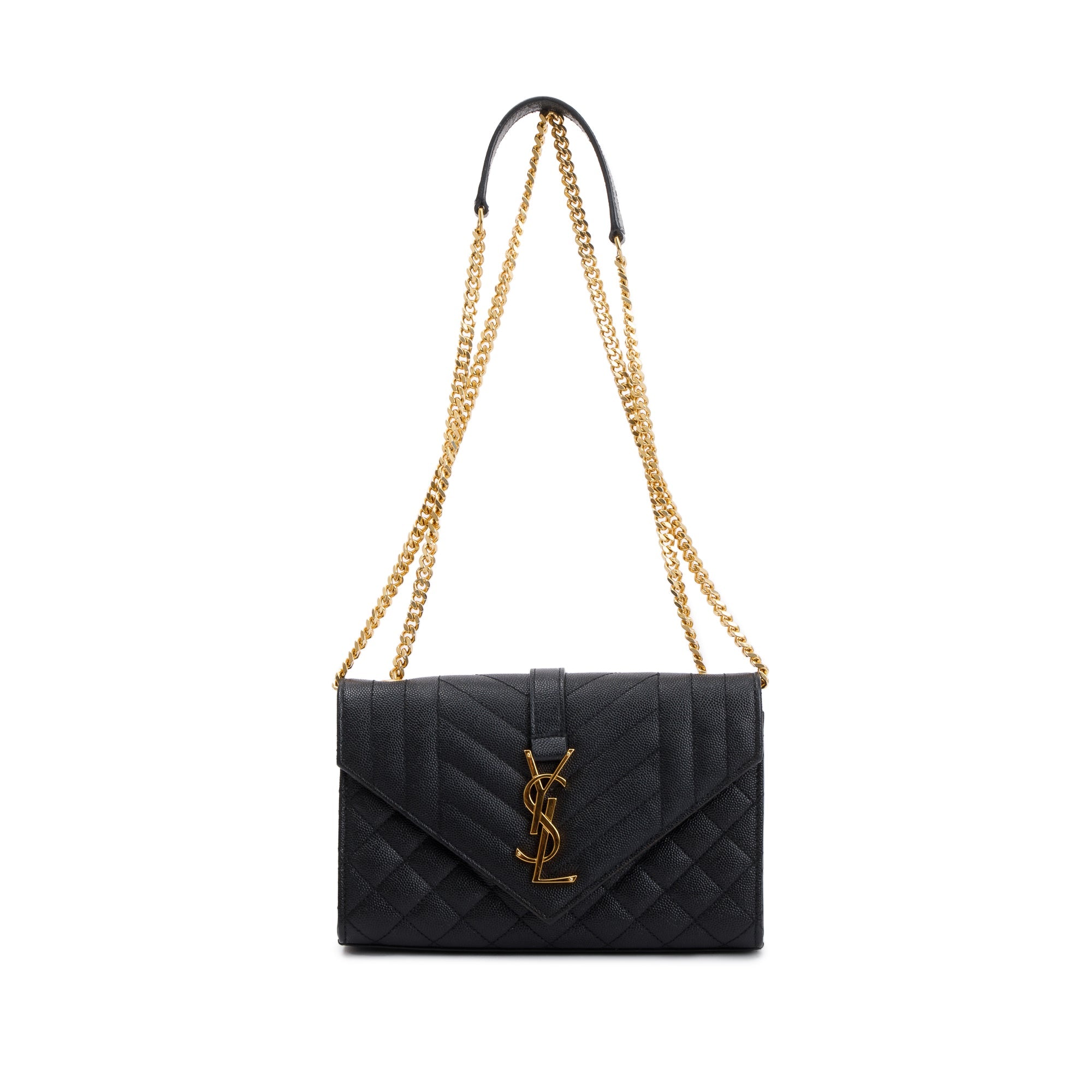 Saint Laurent Black Quilted Grain De Poudre Leather Small Envelope Chain Bag w/ Box