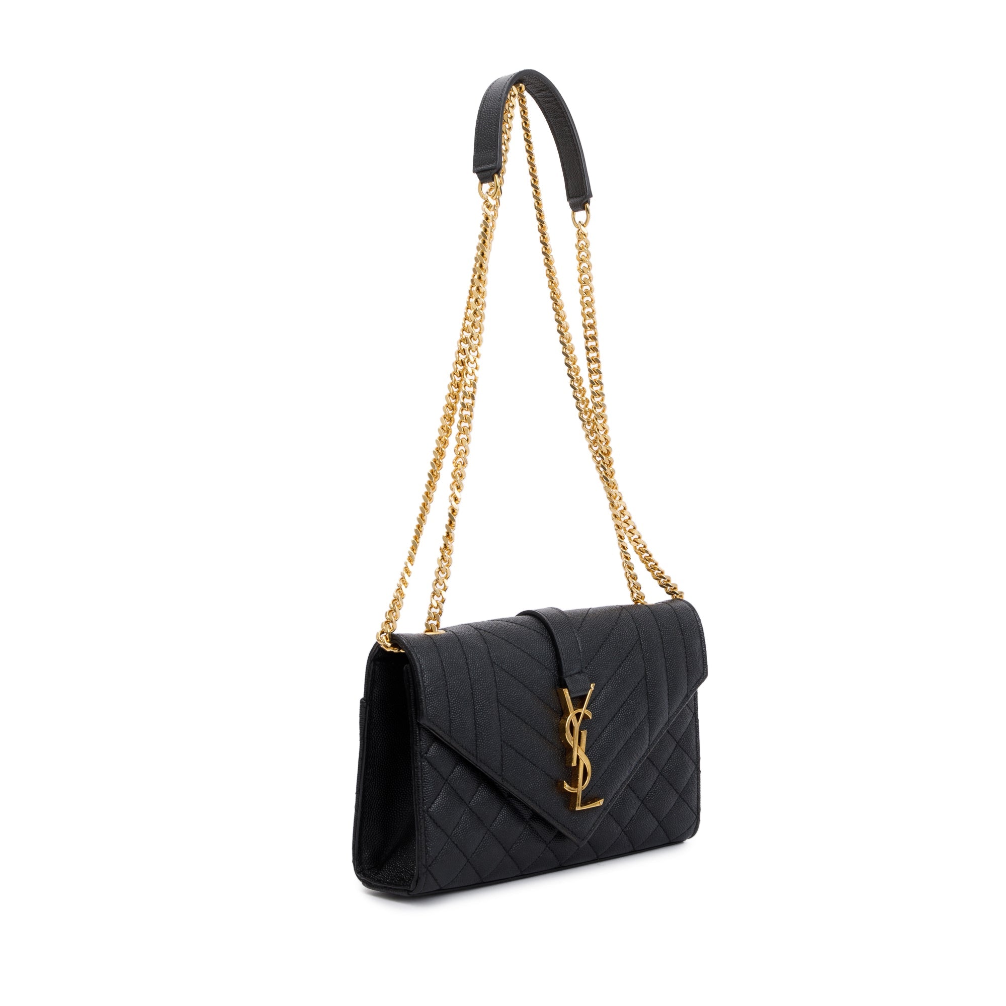 Saint Laurent Black Quilted Grain De Poudre Leather Small Envelope Chain Bag w/ Box
