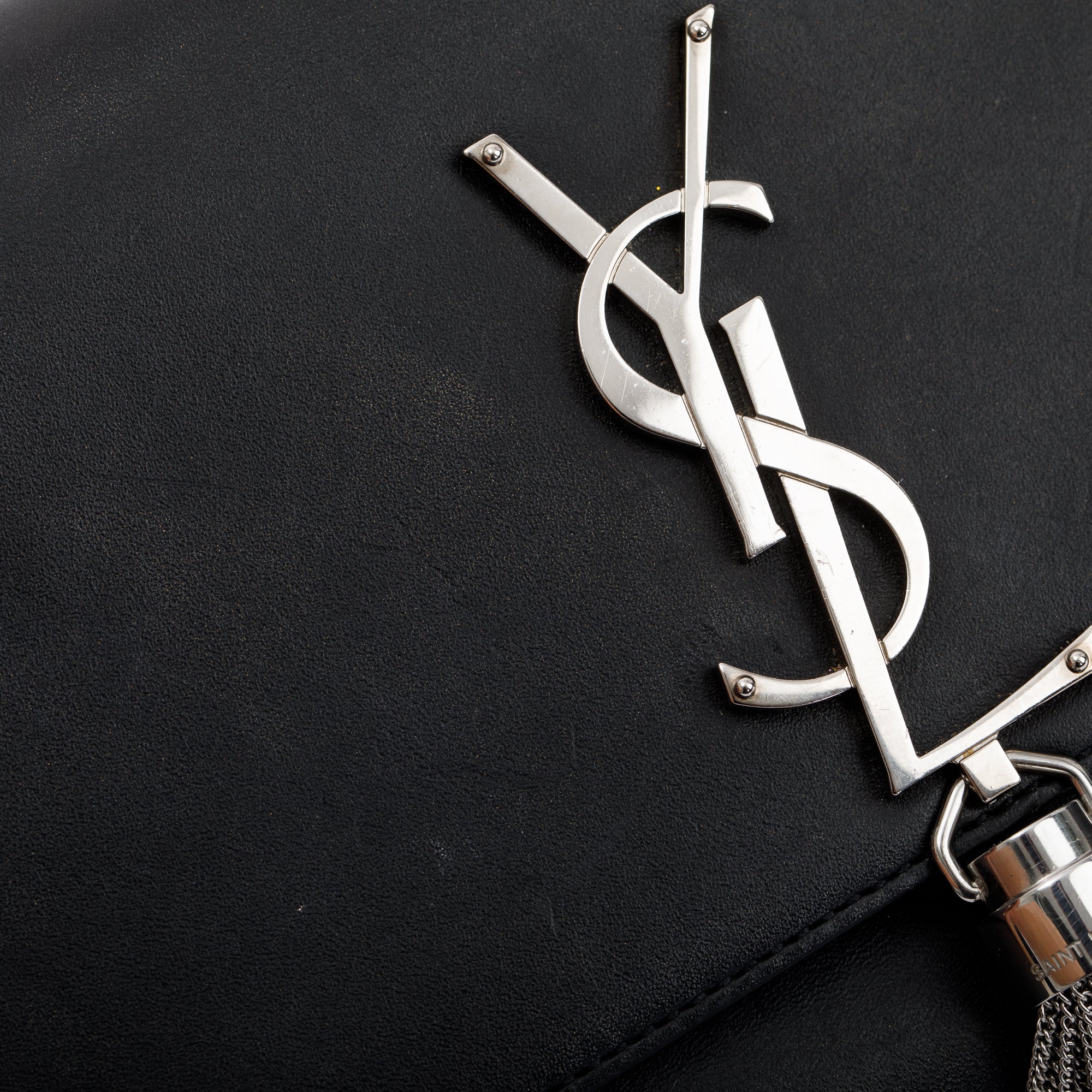 Saint Laurent Black Smooth Calfskin Leather Small Classic Monogram Kate Tassel Chain Bag