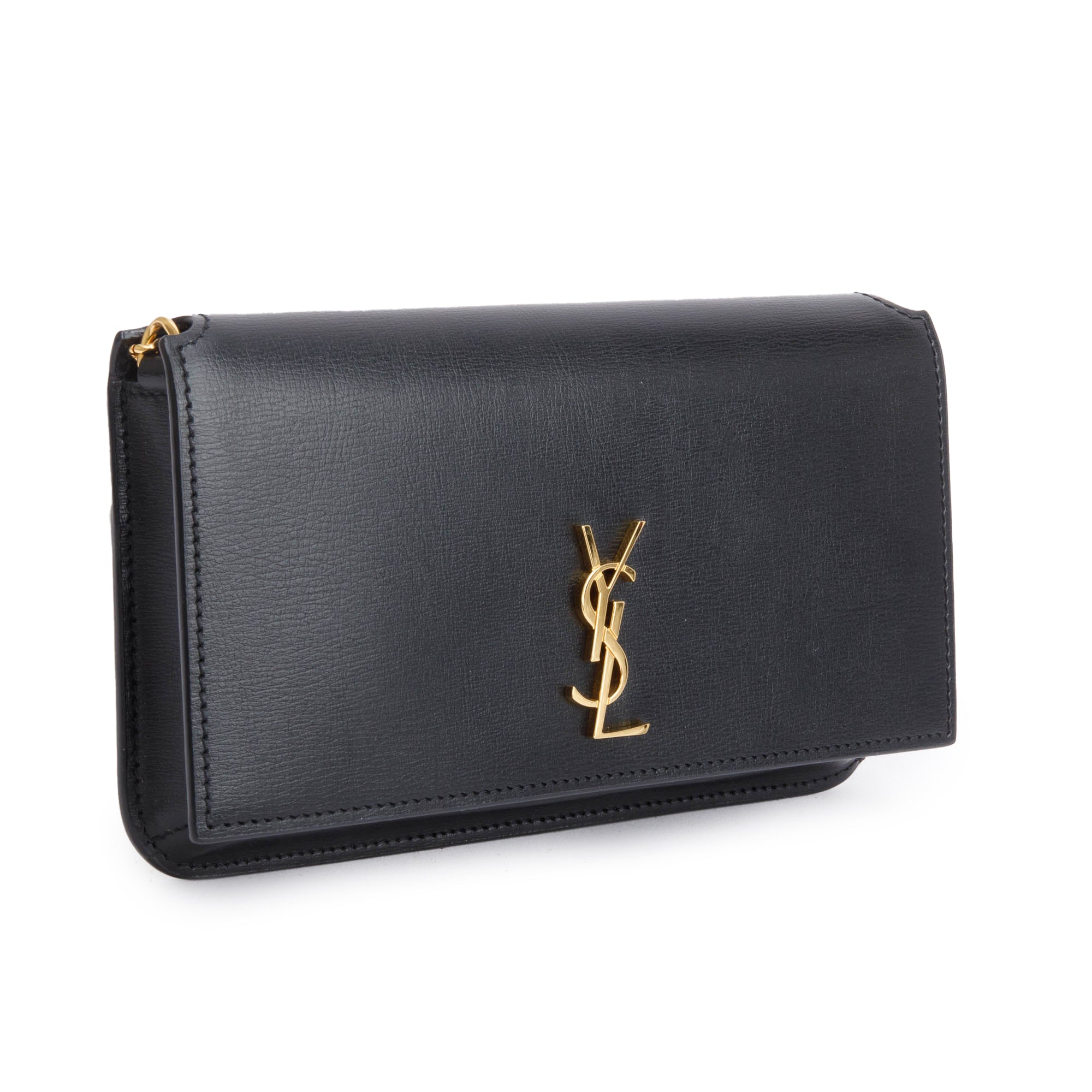 Saint Laurent Black Smooth Leather Cassandre Phone Holder Bag w/ Box