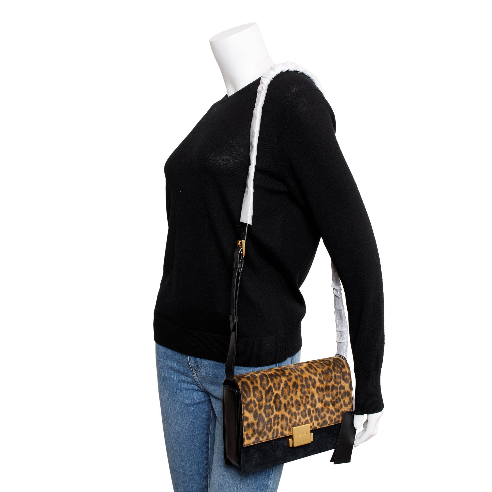 Saint Laurent Black Smooth Leather Leopard Print Suede Medium Bellechase Bag