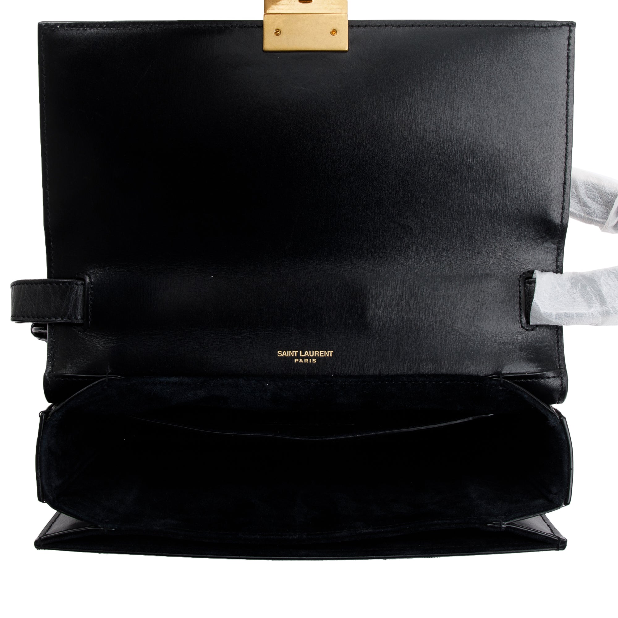 Saint Laurent Black Smooth Leather Leopard Print Suede Medium Bellechase Bag