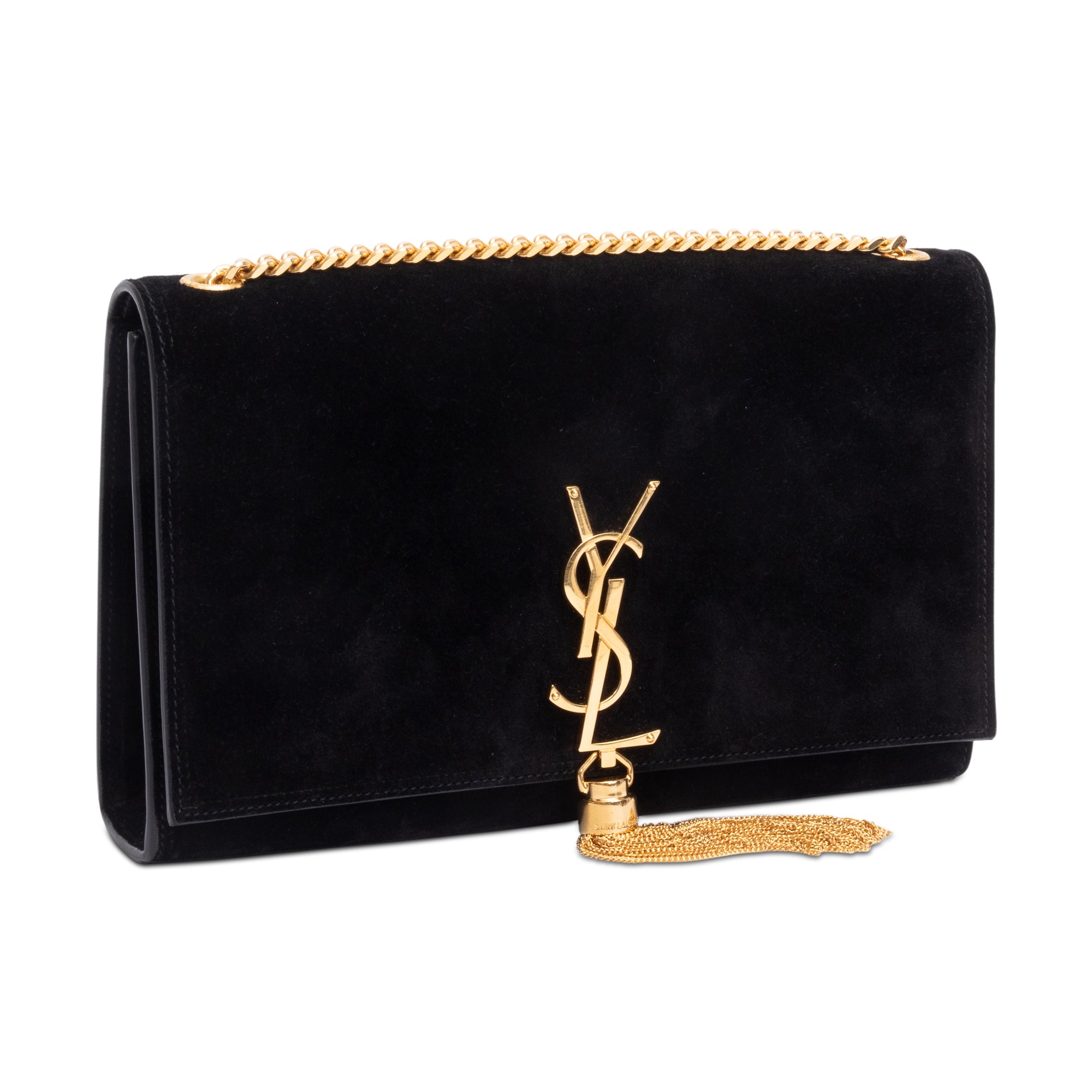 Saint Laurent Black Suede Medium Classic Monogram Kate Tassel Chain Bag