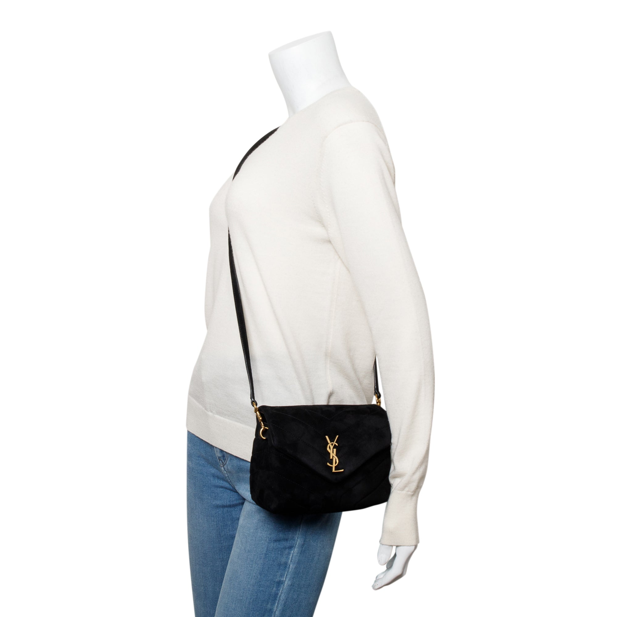 Saint Laurent Black Suede Monogram Matelasse Toy Loulou Crossbody Bag w/ Box