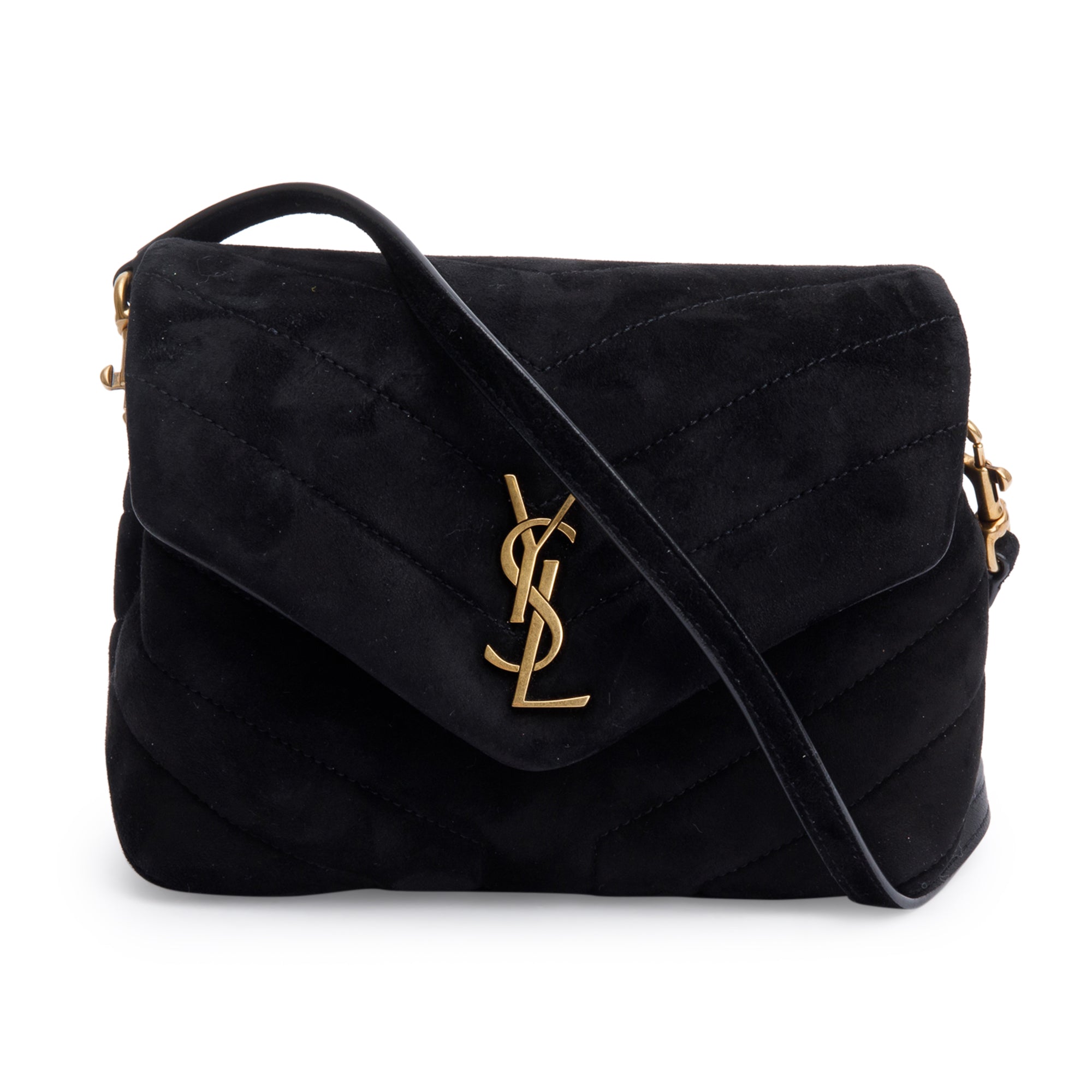 Saint Laurent Black Suede Monogram Matelasse Toy Loulou Crossbody Bag w/ Box