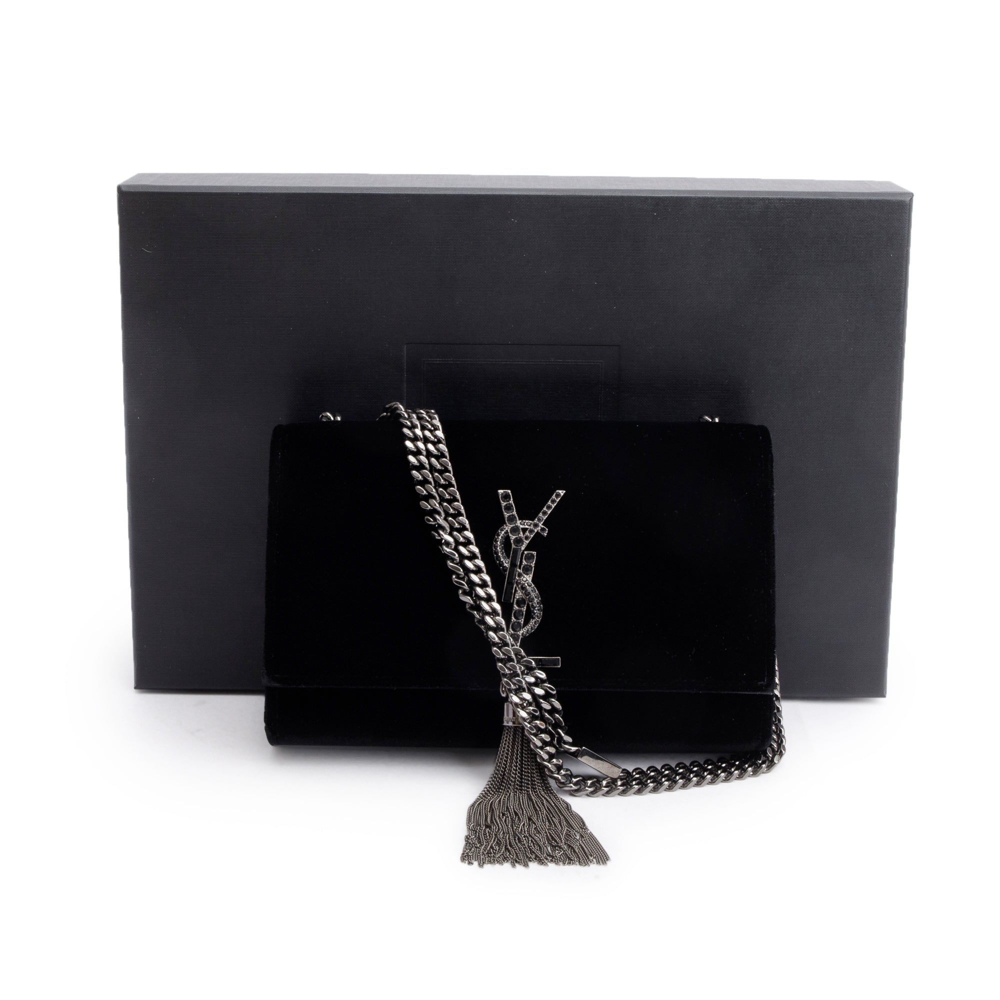 Saint Laurent Black Velvet Crystal Small Kate Tassel Bag w/ Box