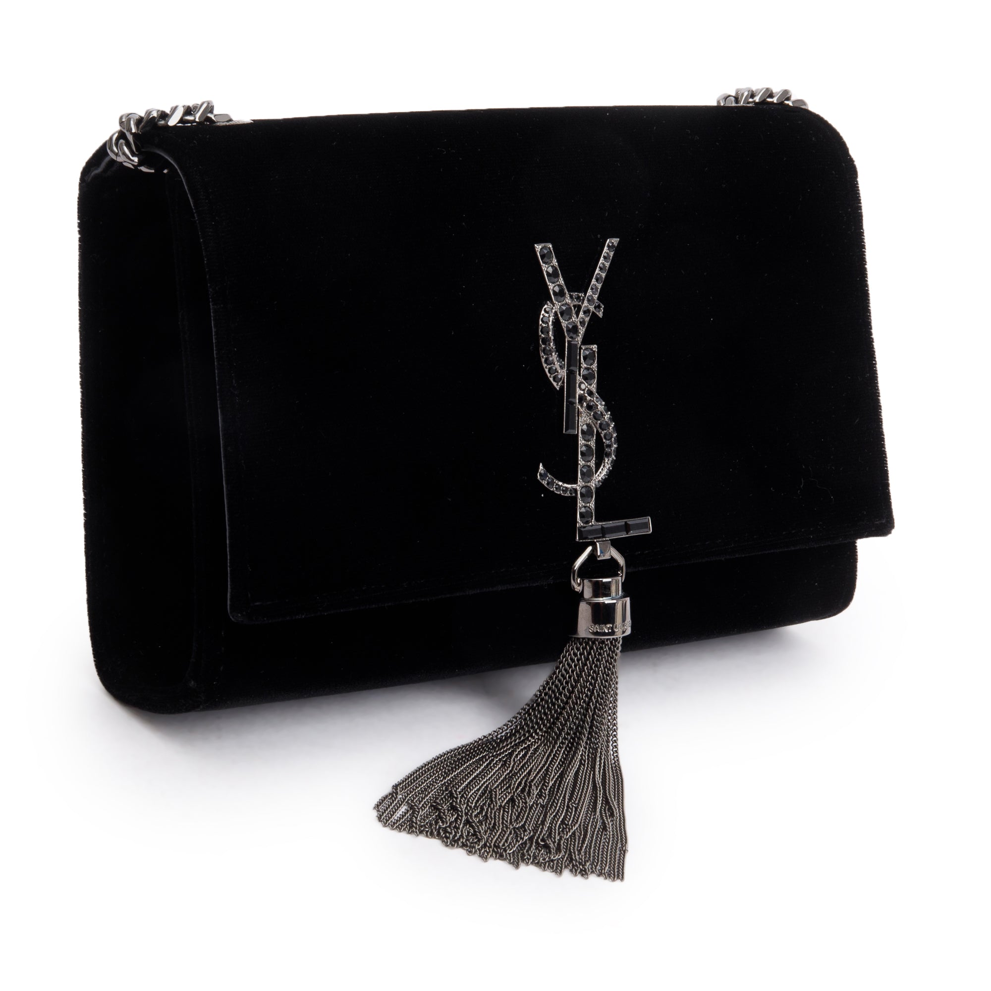 Saint Laurent Black Velvet Crystal Small Kate Tassel Bag w/ Box