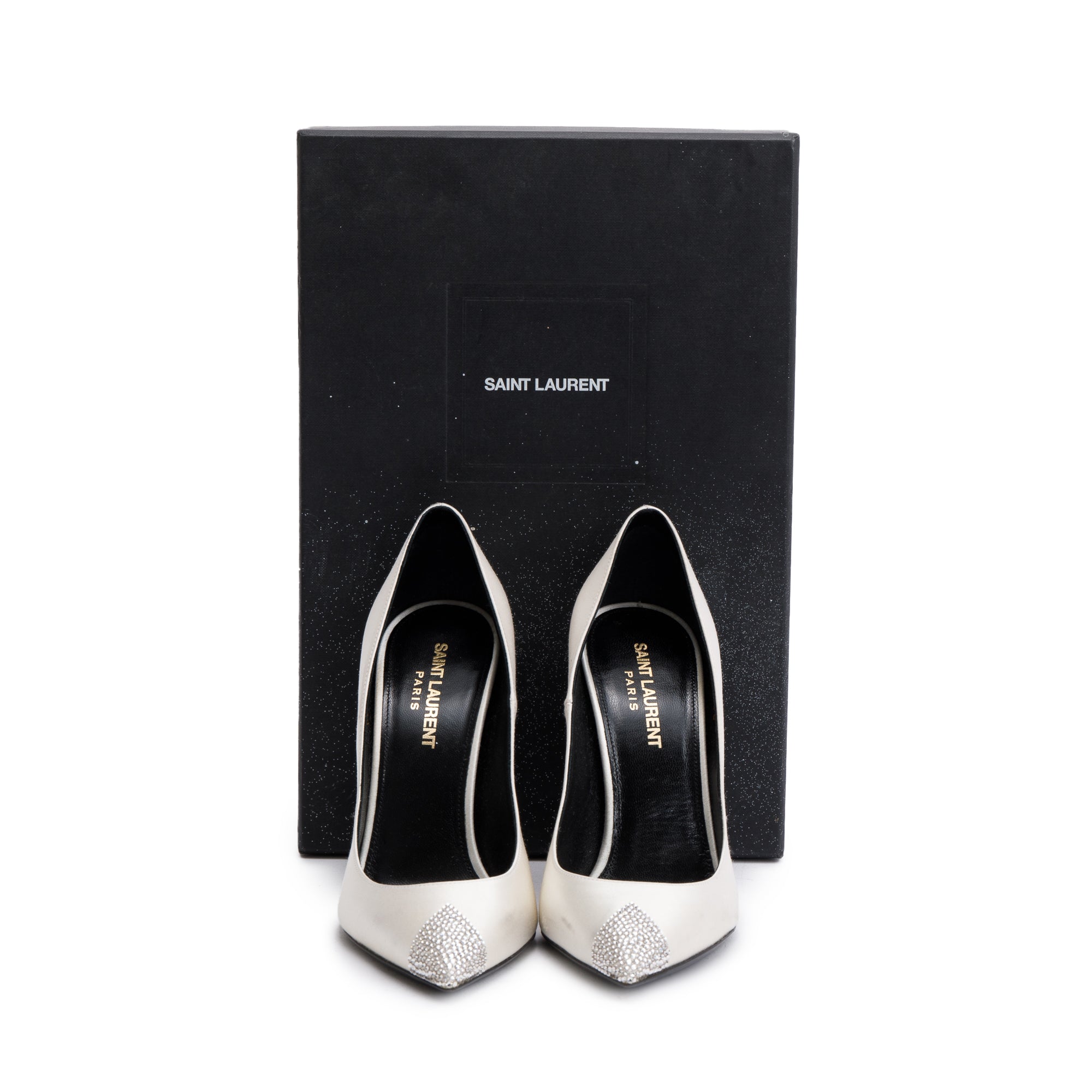 Saint Laurent Blanc Optic Satin Crystal Tower 110 Pumps, Size 36 w/ Box