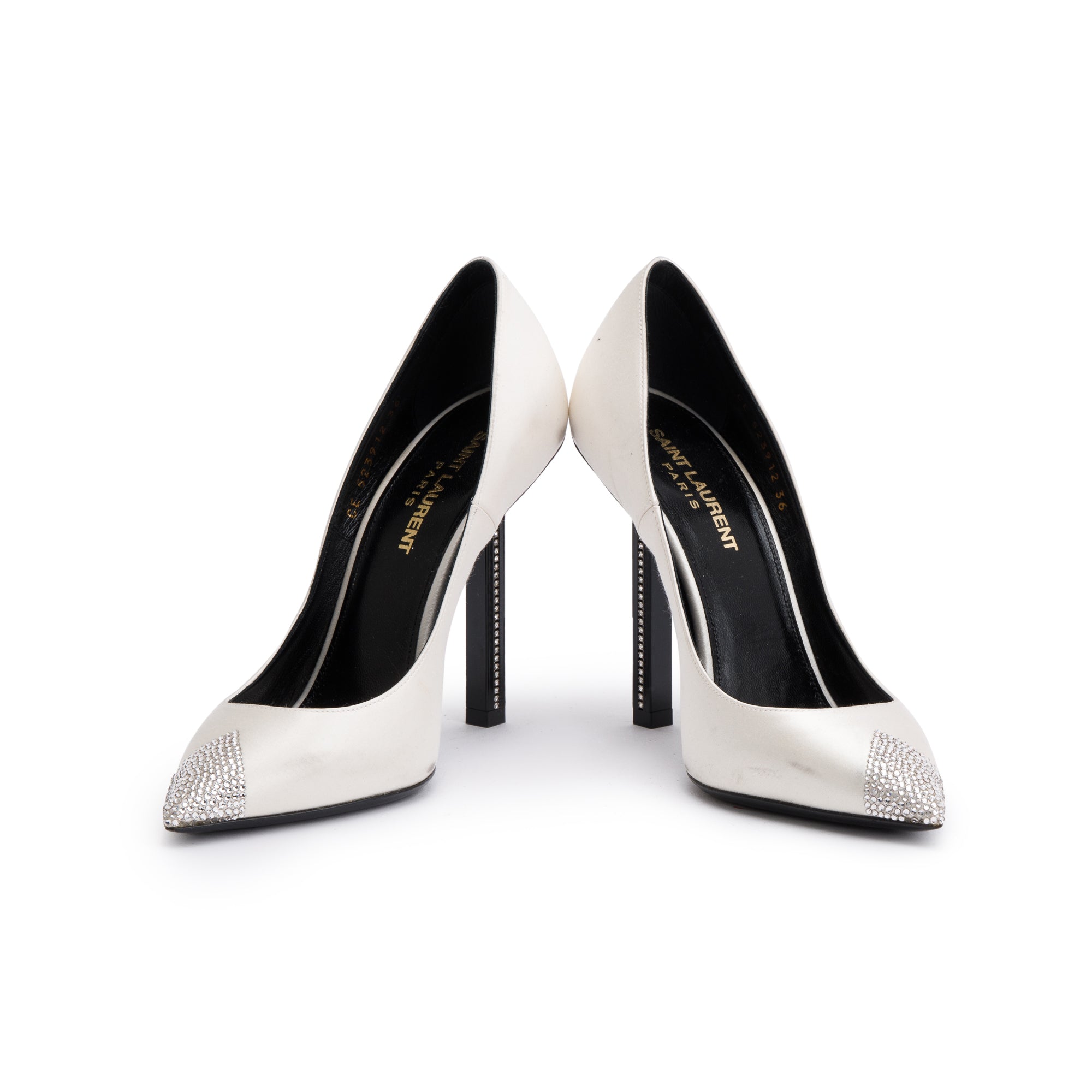 Saint Laurent Blanc Optic Satin Crystal Tower 110 Pumps, Size 36 w/ Box
