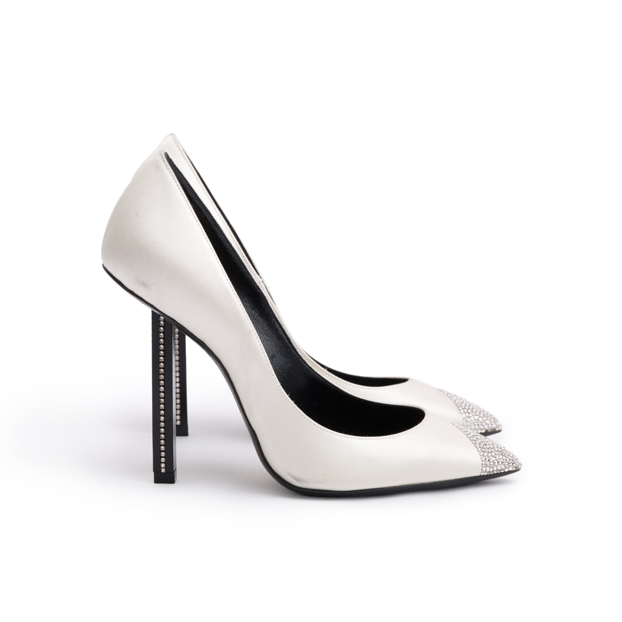 Saint Laurent Blanc Optic Satin Crystal Tower 110 Pumps, Size 36 w/ Box