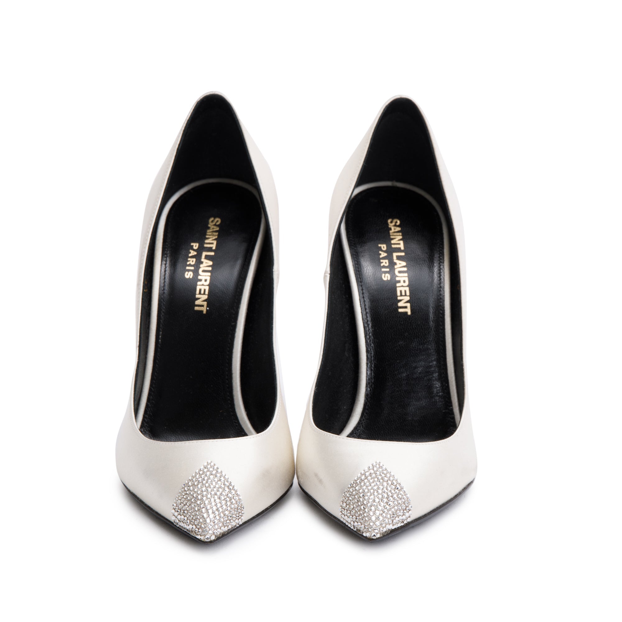 Saint Laurent Blanc Optic Satin Crystal Tower 110 Pumps, Size 36 w/ Box