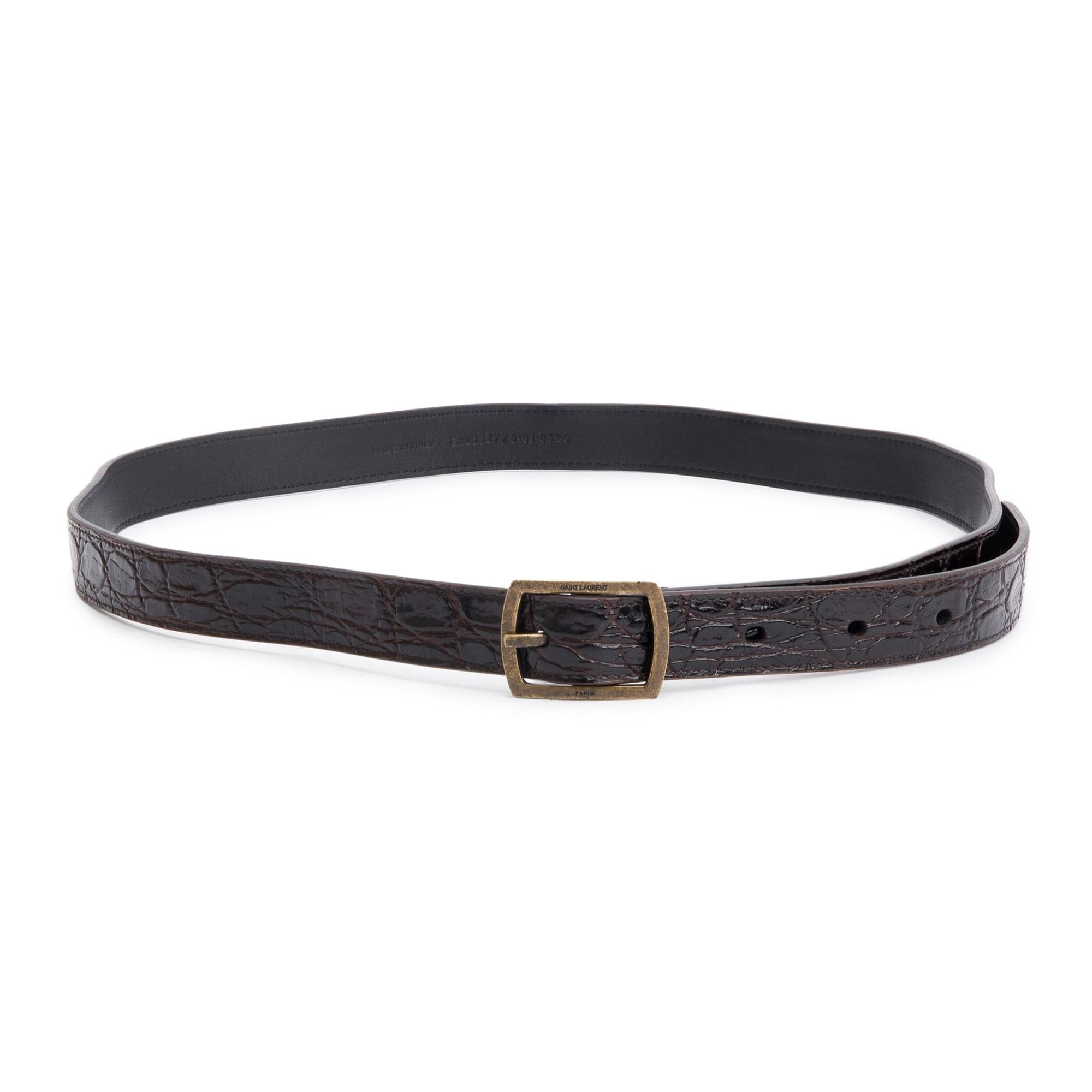 Saint Laurent Brown Croc-Embossed Leather Skinny Belt 85