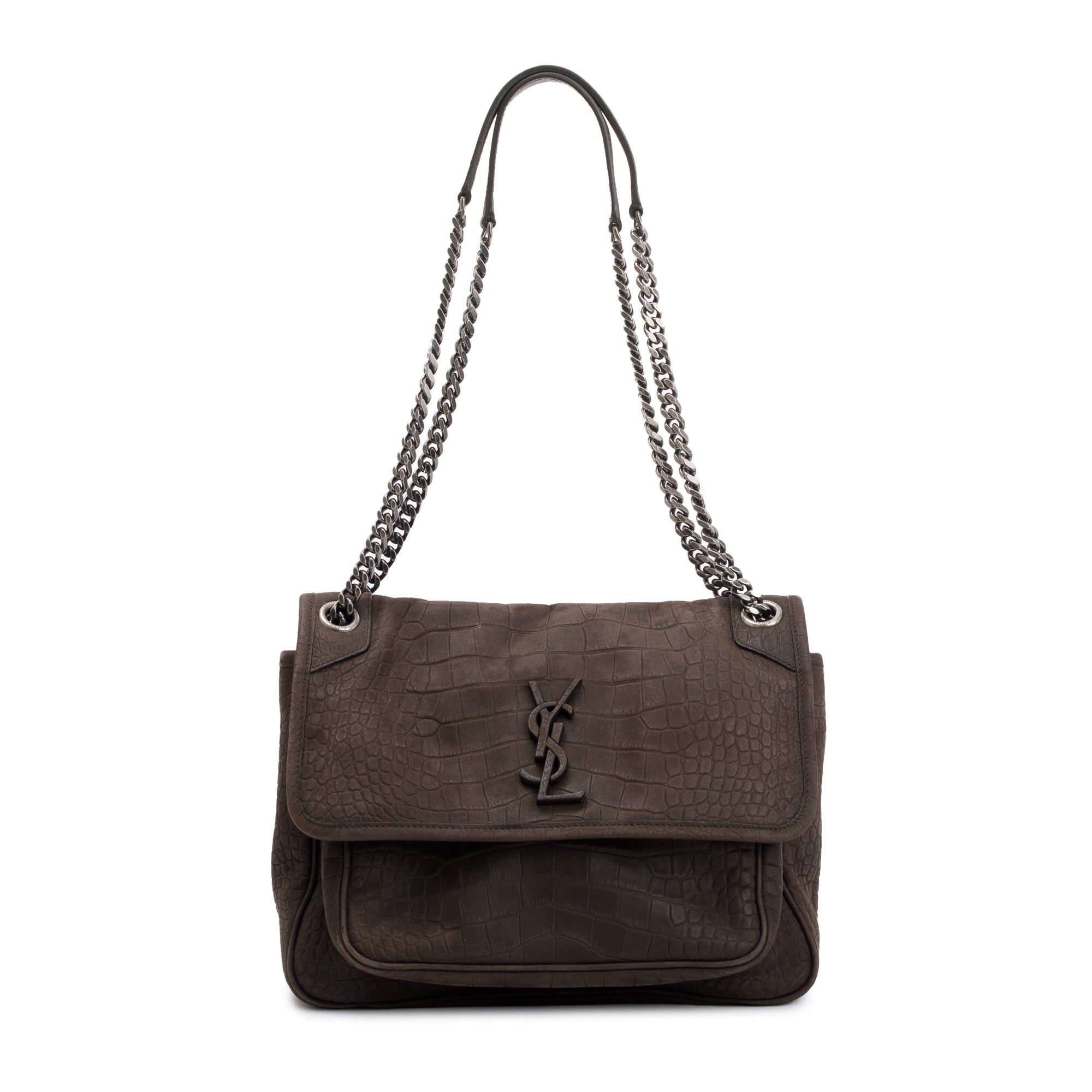 Saint Laurent Brown Crocodile Embossed Nubuck Medium Niki Shoulder Bag
