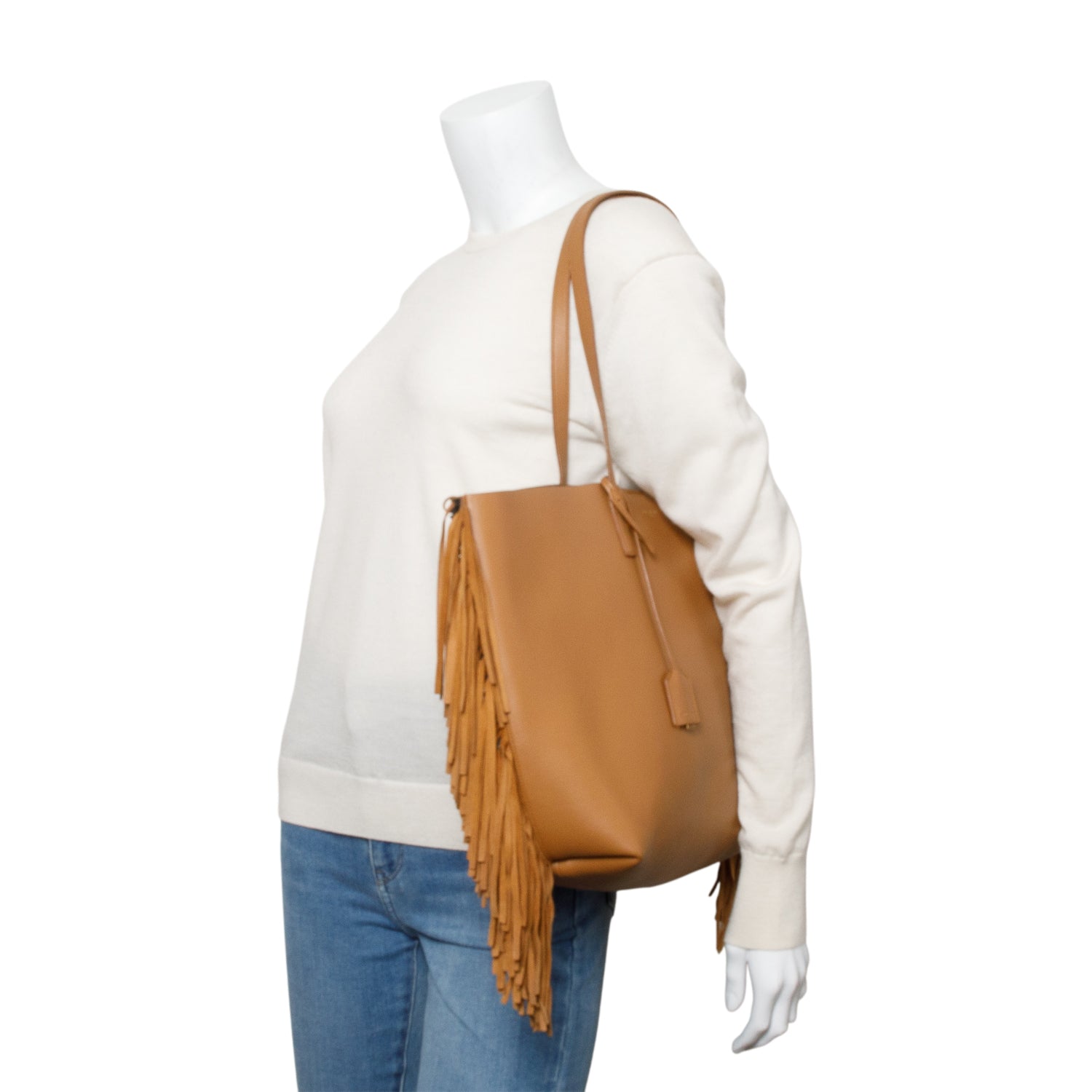 Saint Laurent Brown Leather Fringe E/W Shopping Tote w/ Pouch