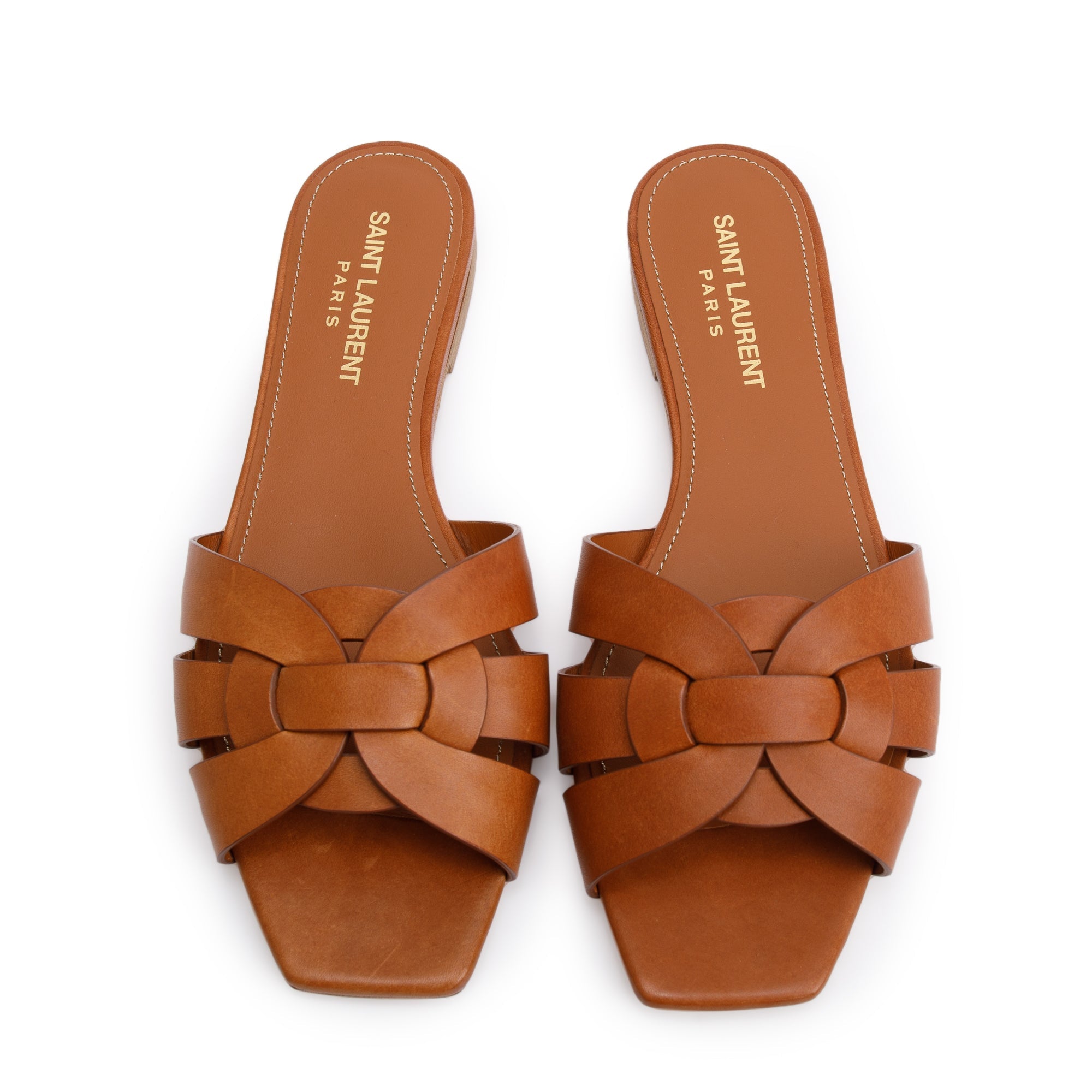 Saint Laurent Brown Smooth Leather Tribute Mules, Size 36.5 w/ Box