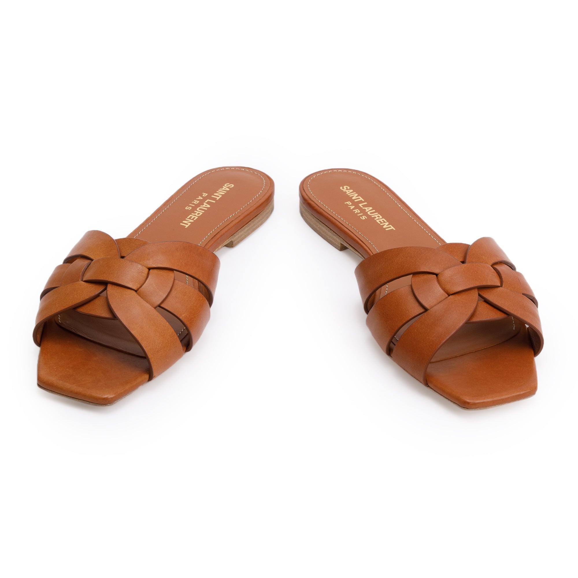 Saint Laurent Brown Smooth Leather Tribute Mules, Size 36.5 w/ Box