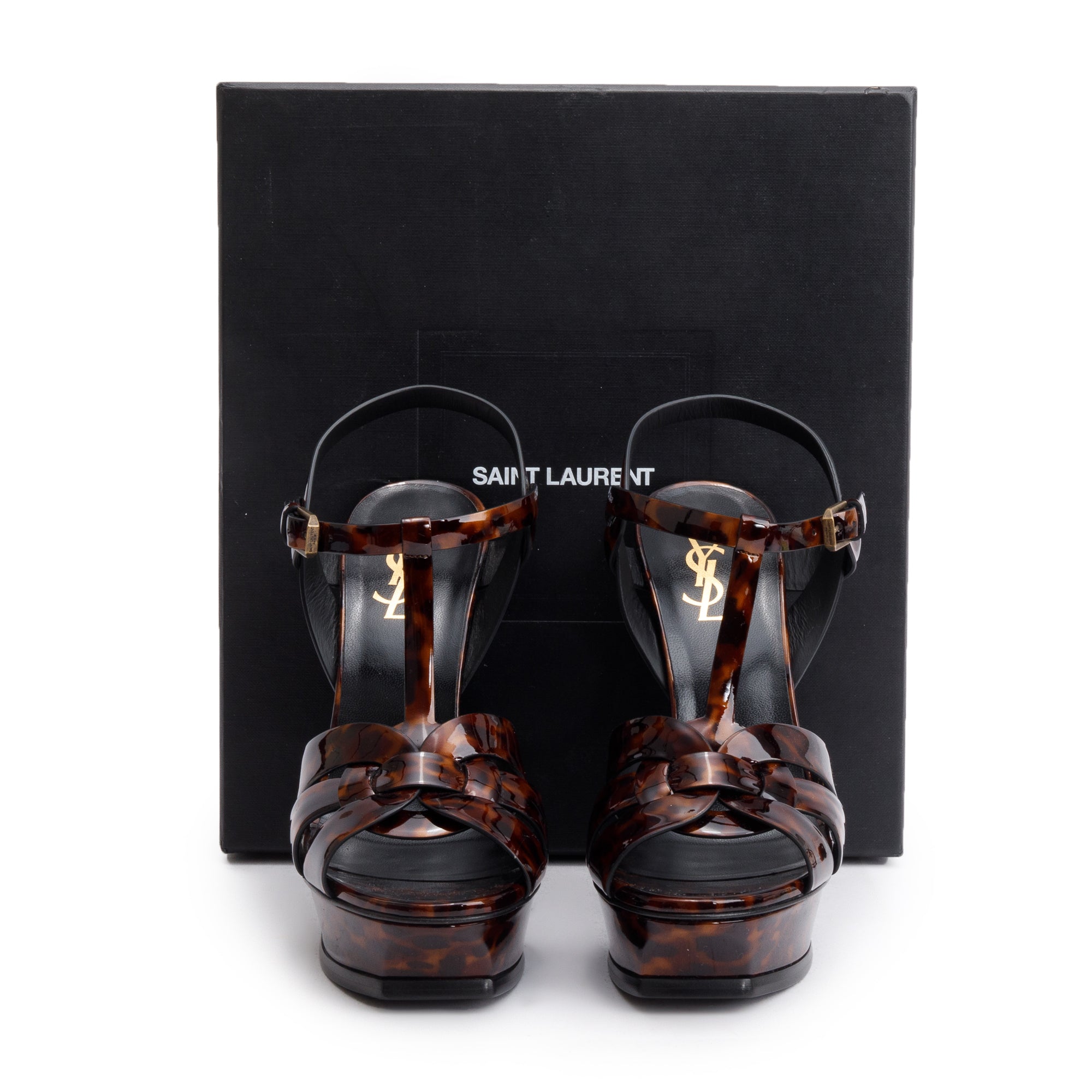 Saint Laurent Brown Tartaruga Patent Leather Tribute 105 Platform Sandals, Size 39 w/ Box