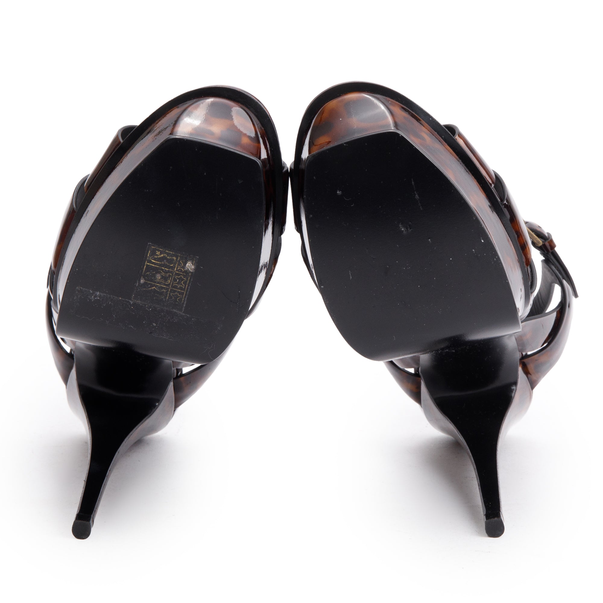 Saint Laurent Brown Tartaruga Patent Leather Tribute 105 Platform Sandals, Size 39 w/ Box