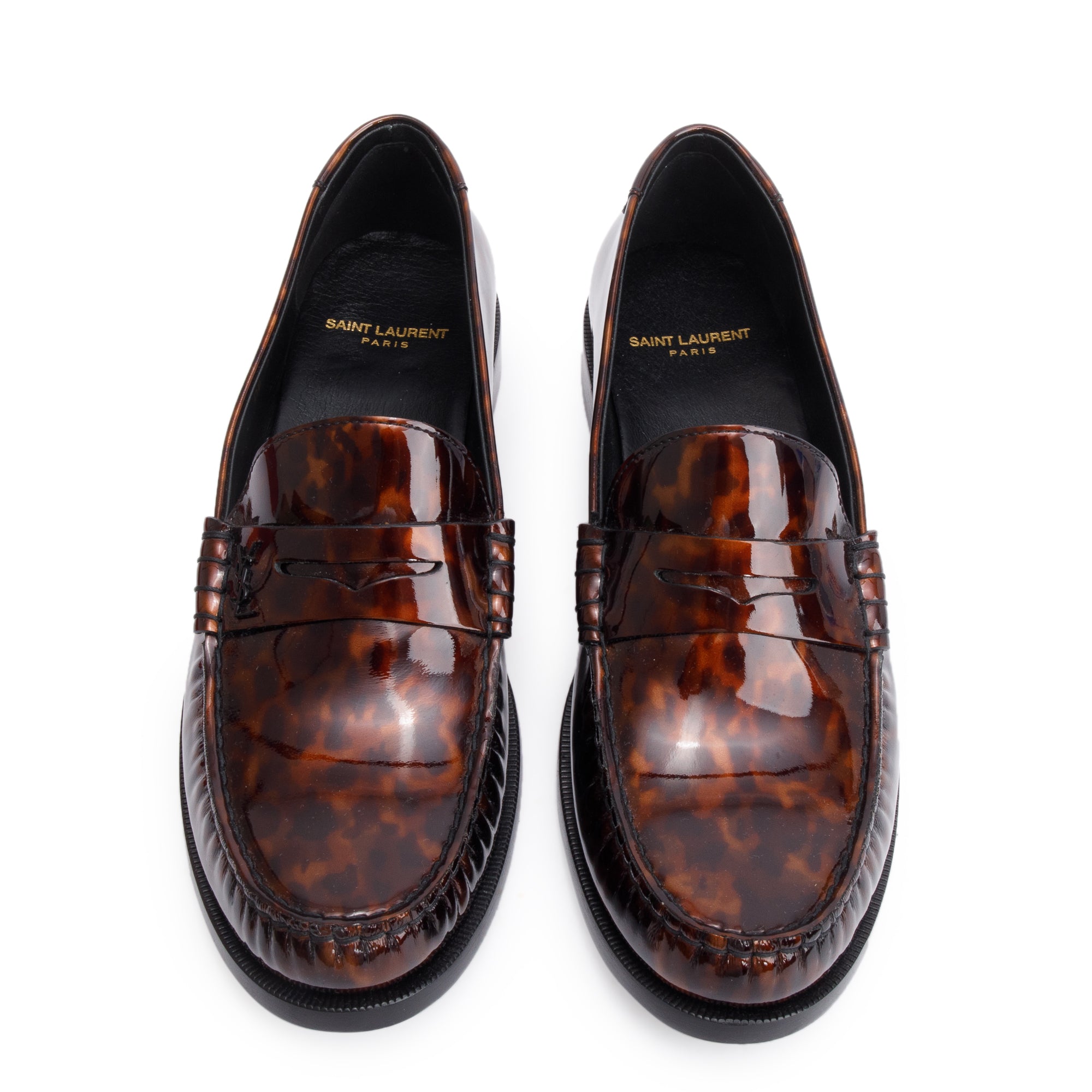 Saint Laurent Brown Tortoisehell Patent Leather Le Loafer Penny Shoes, Size 41.5 w/ Box