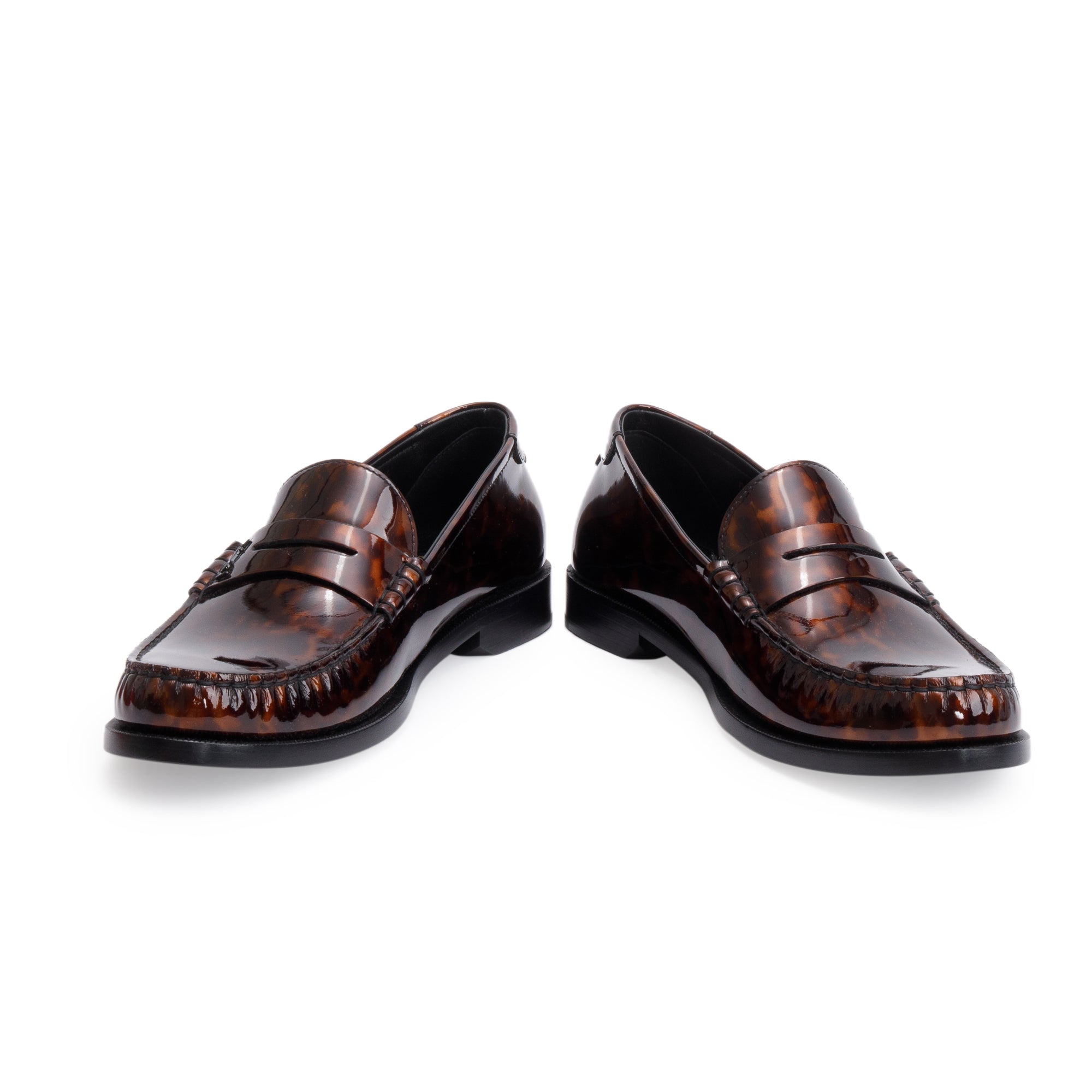 Saint Laurent Brown Tortoisehell Patent Leather Le Loafer Penny Shoes, Size 41.5 w/ Box