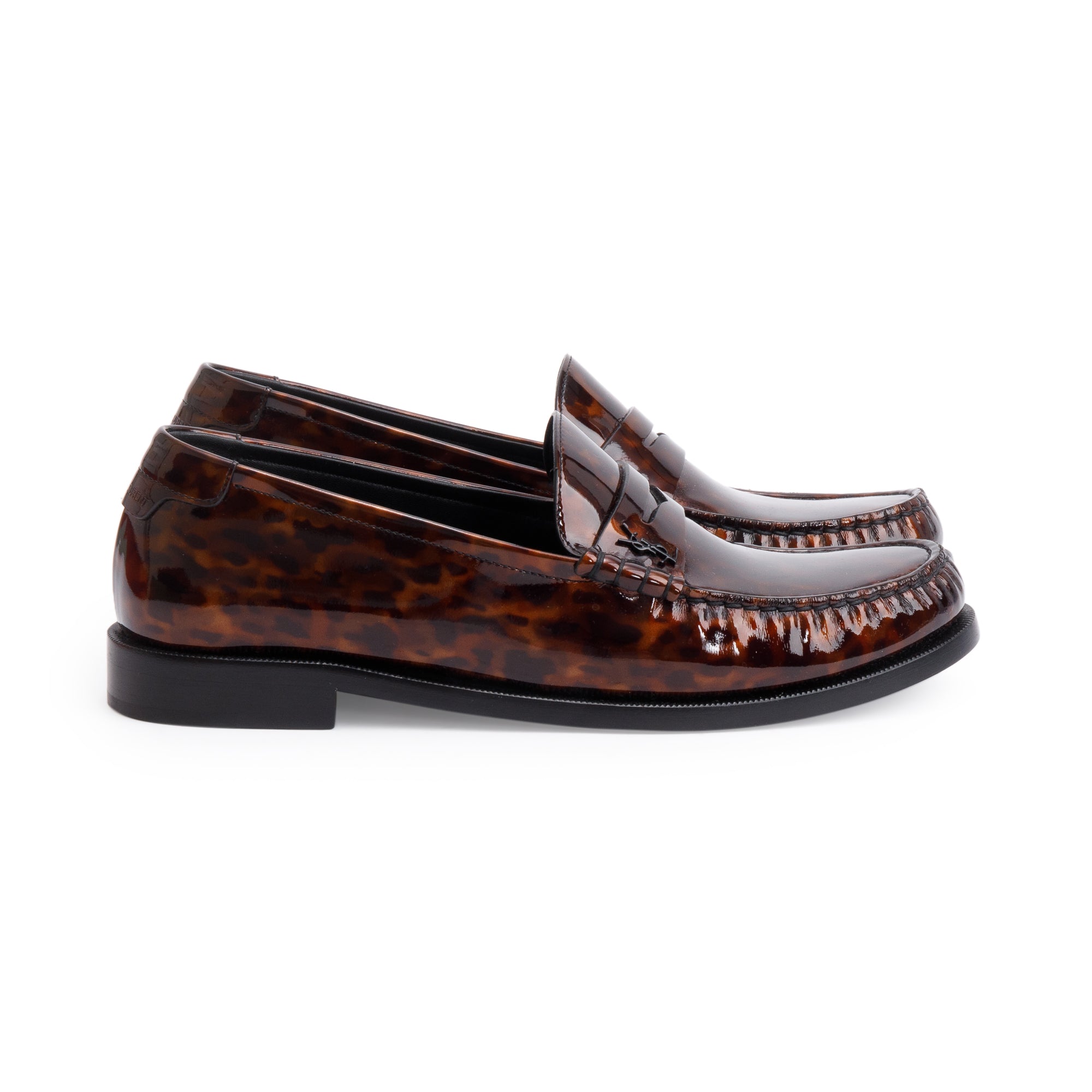 Saint Laurent Brown Tortoisehell Patent Leather Le Loafer Penny Shoes, Size 41.5 w/ Box