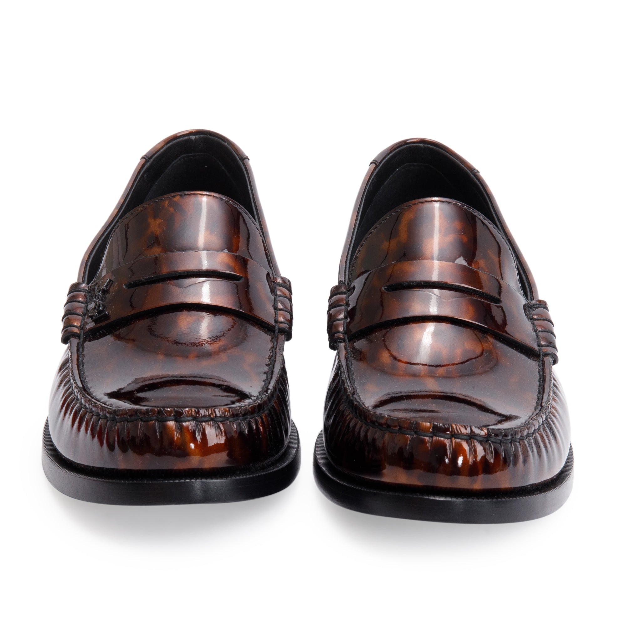 Saint Laurent Brown Tortoisehell Patent Leather Le Loafer Penny Shoes, Size 41.5 w/ Box
