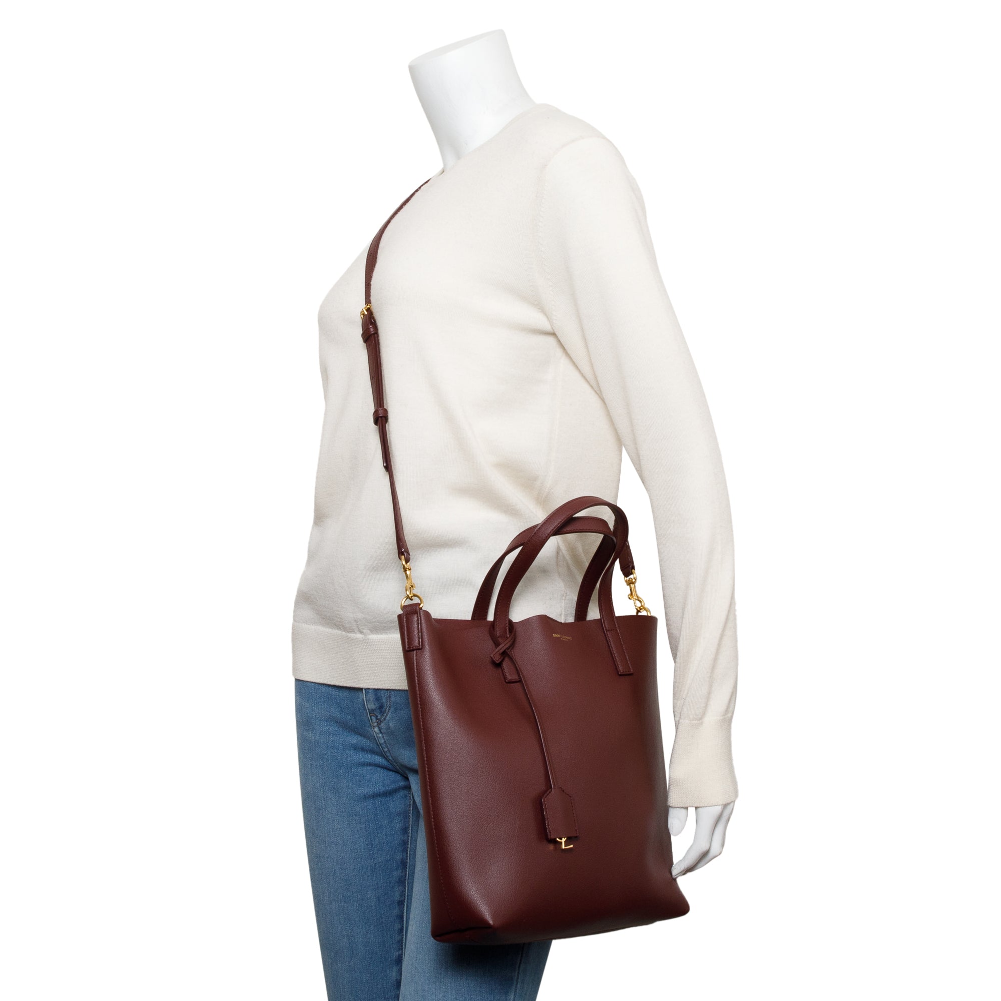 Saint Laurent Burgundy Calfskin Leather Toy Shopping Tote w/ Strap