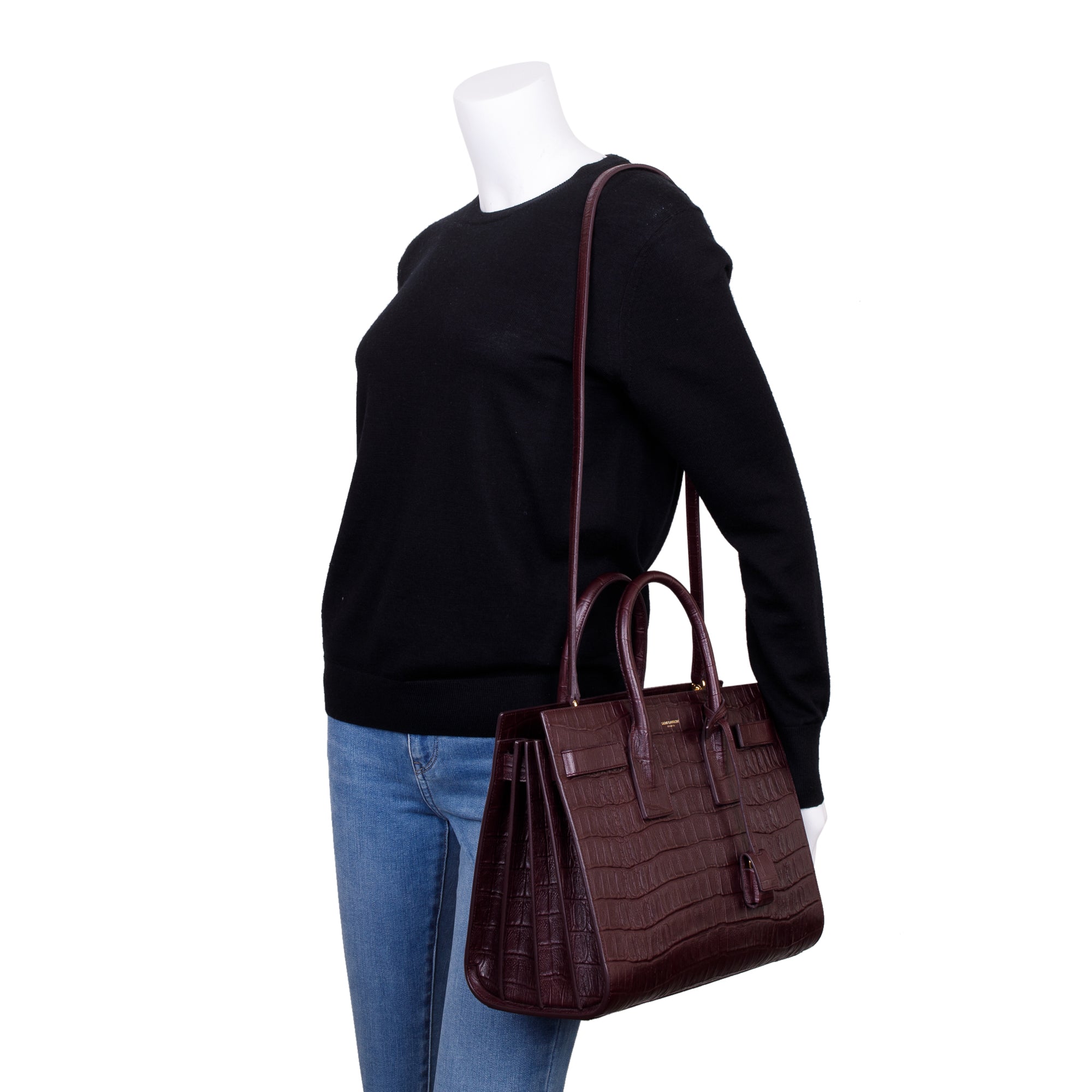 Saint Laurent Burgundy Crocodile Embossed Calfskin Small Sac De Jour w/ Strap