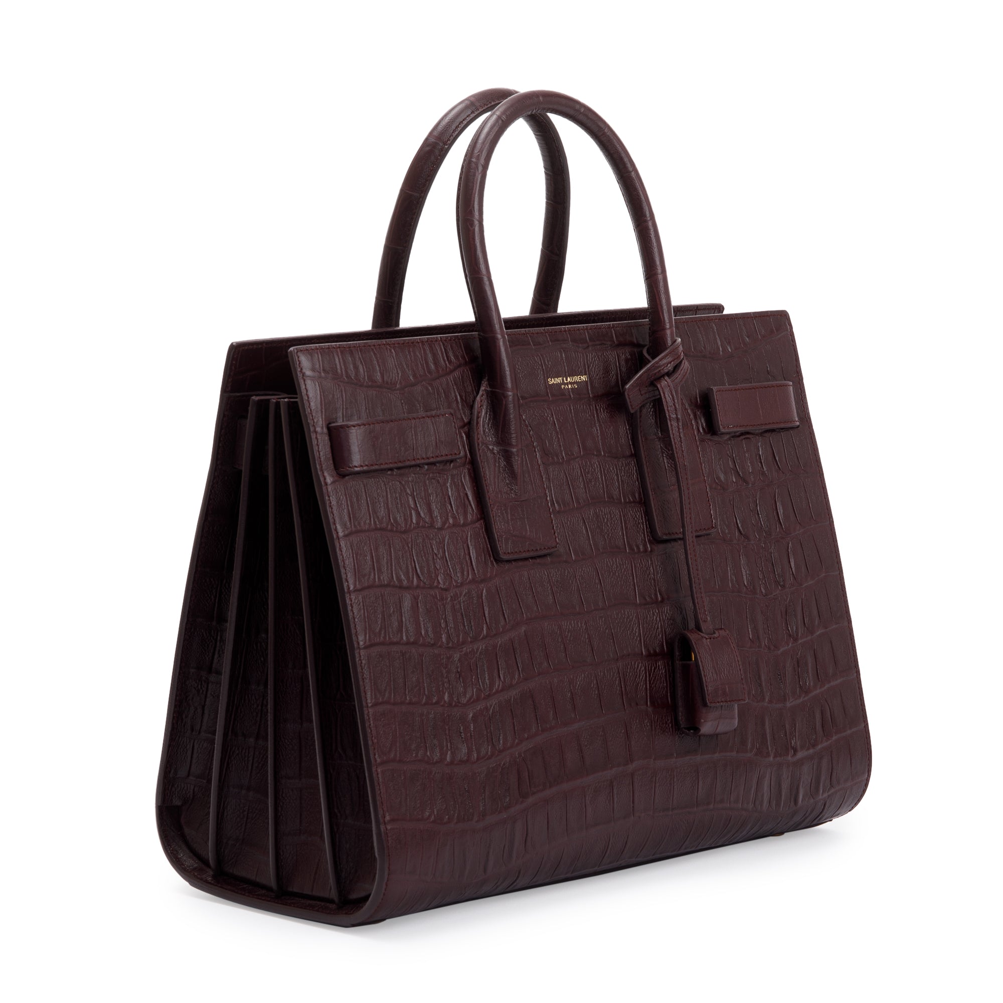 Saint Laurent Burgundy Crocodile Embossed Calfskin Small Sac De Jour w/ Strap