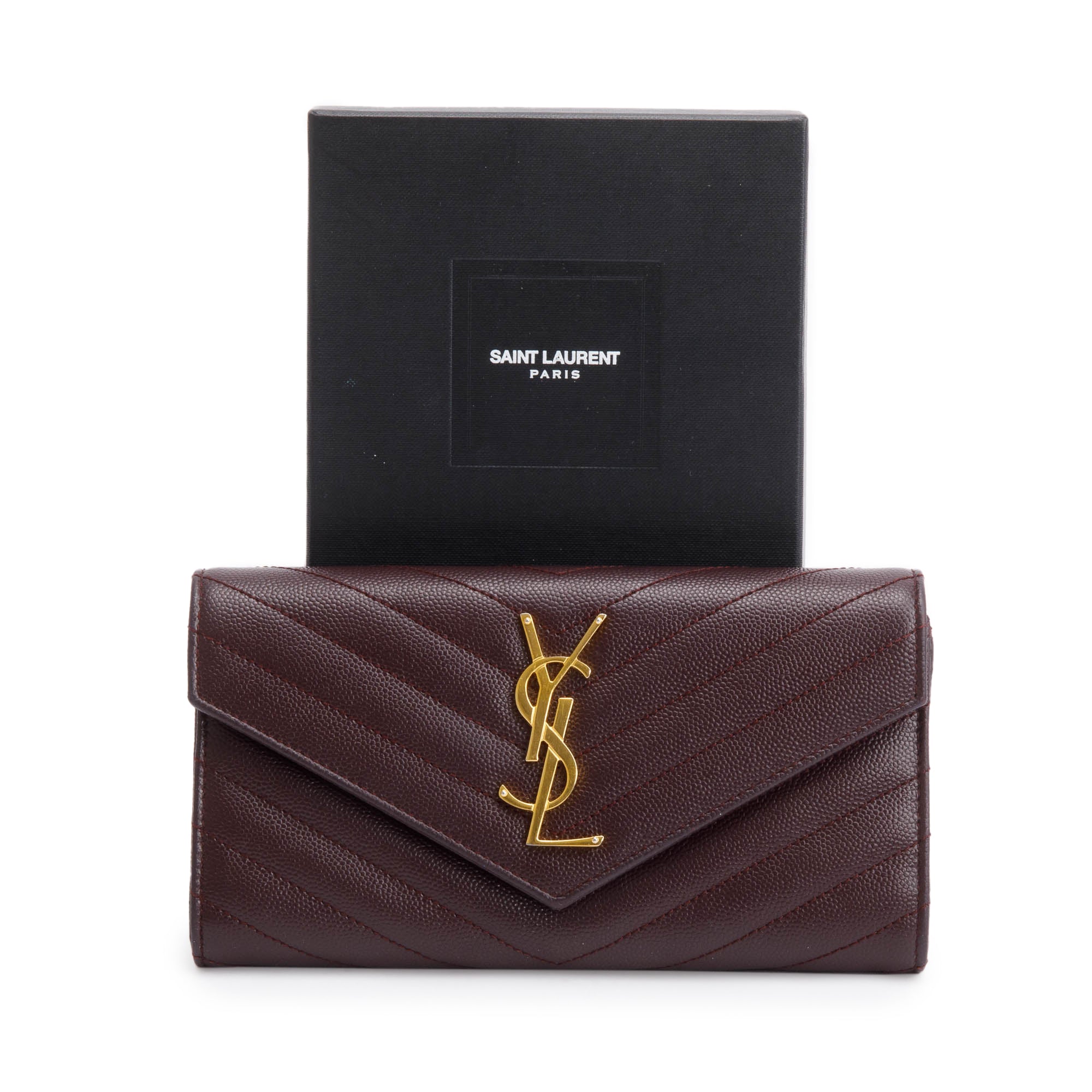 Saint Laurent Burgundy Grain De Poure Cassandre Matelasse Large Flap Wallet w/ Box