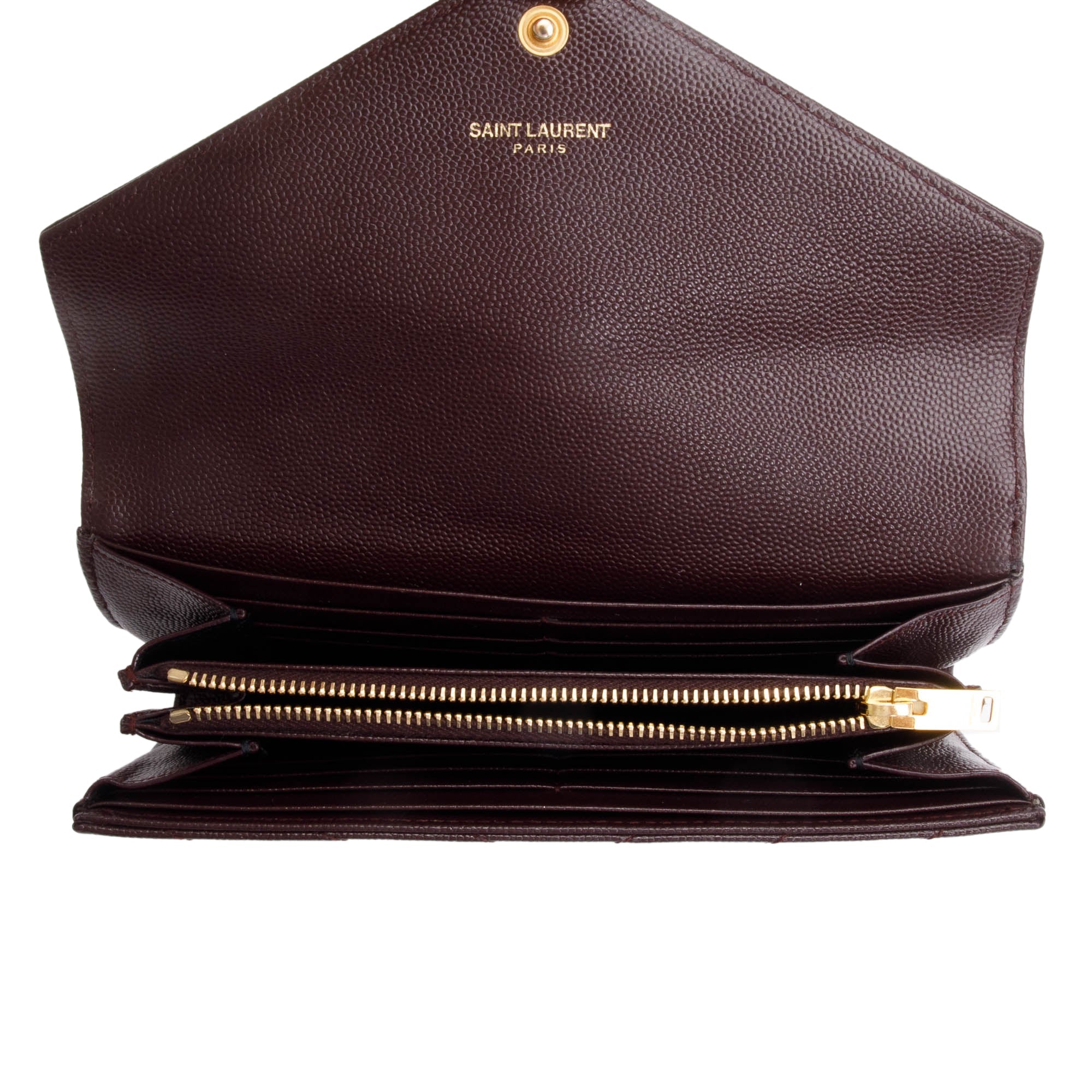 Saint Laurent Burgundy Grain De Poure Cassandre Matelasse Large Flap Wallet w/ Box