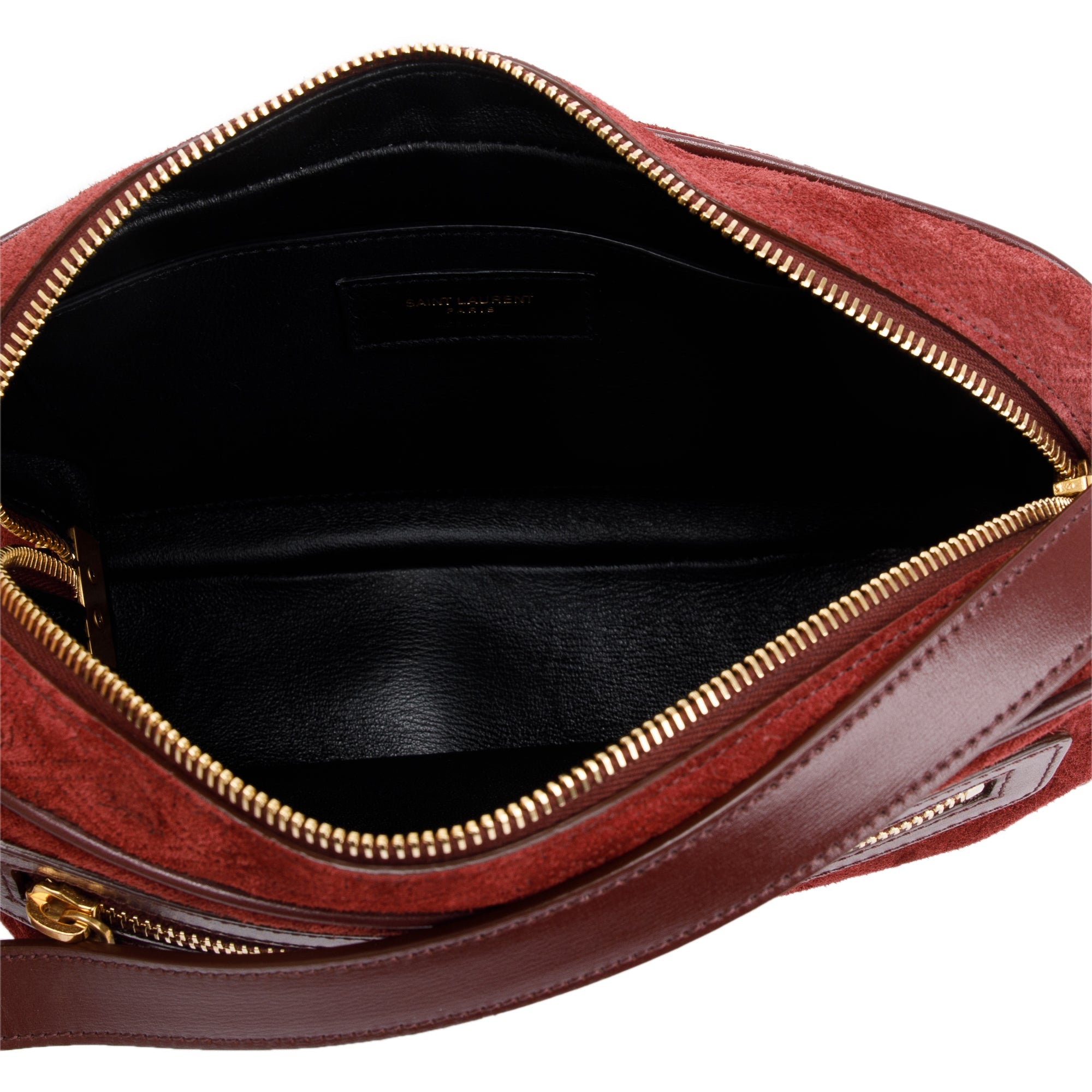 Saint Laurent Burgundy Suede Monogram All Over Camera Bag