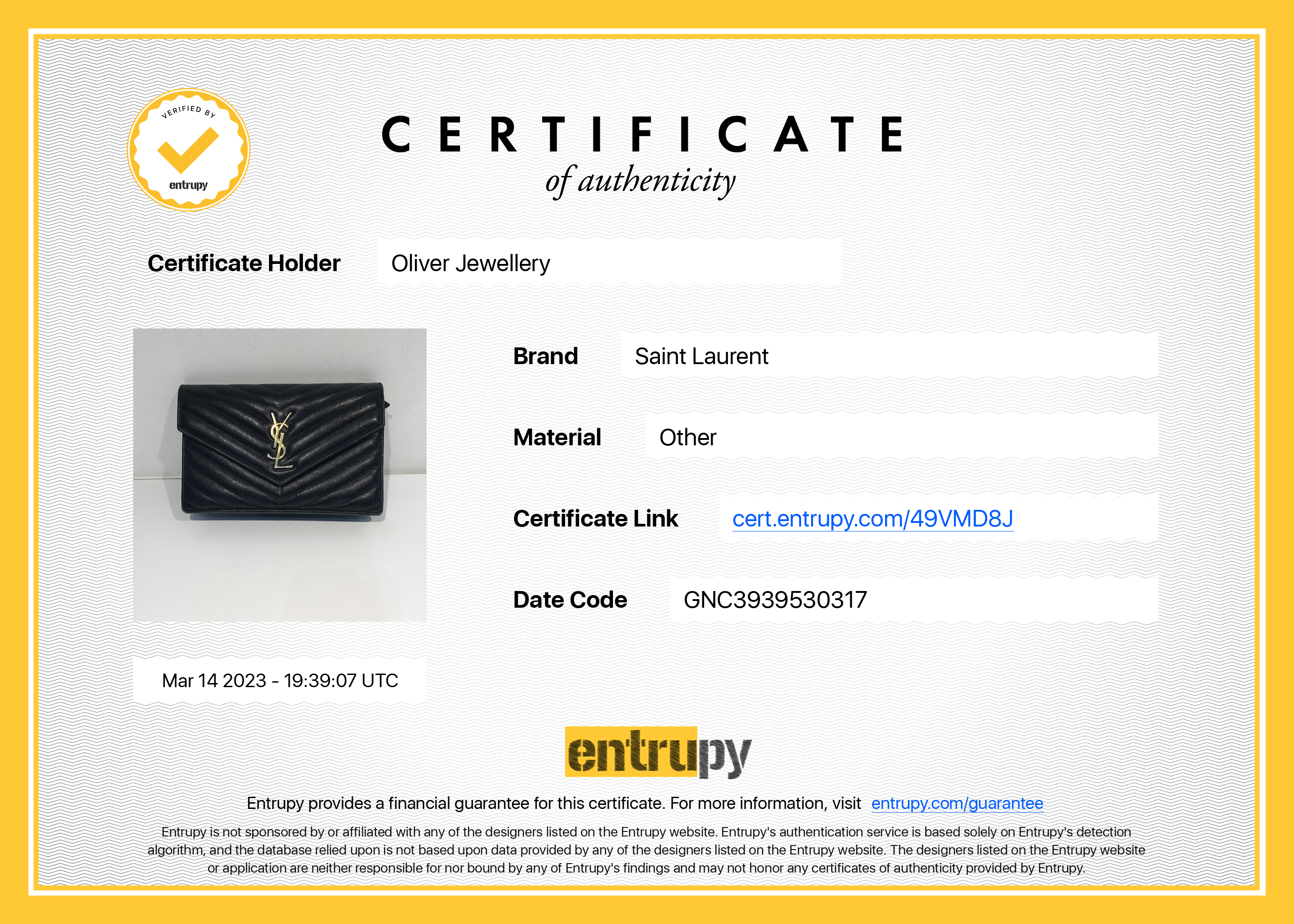 Saint Laurent Cassandre Matelasse Chain Wallet w/ Box