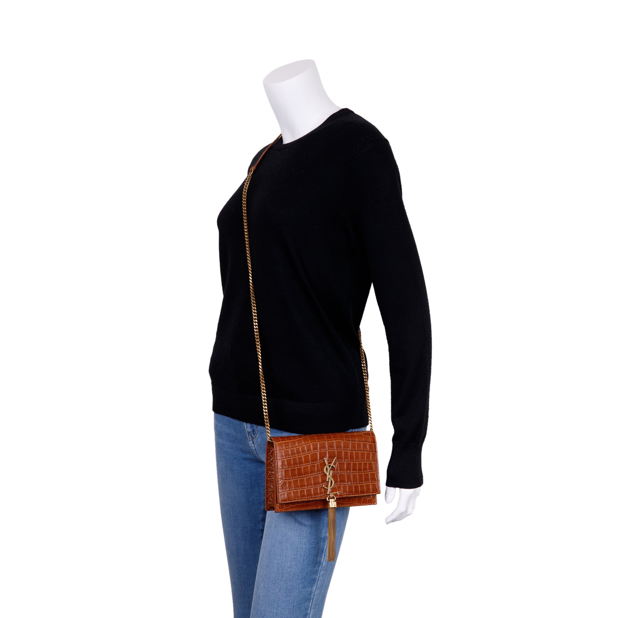 Saint Laurent Croc Embossed Kate Tassel Wallet on Chain