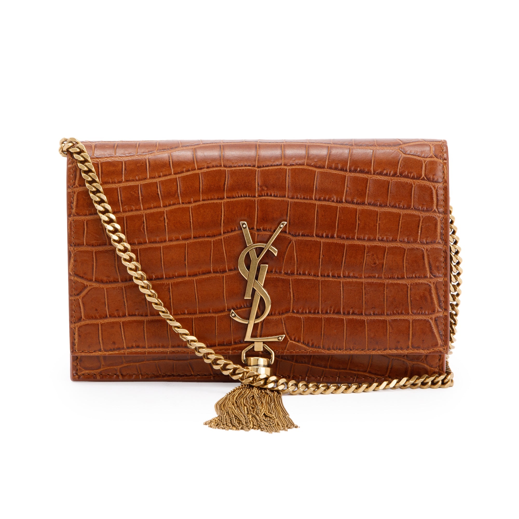 Saint Laurent Croc Embossed Kate Tassel Wallet on Chain