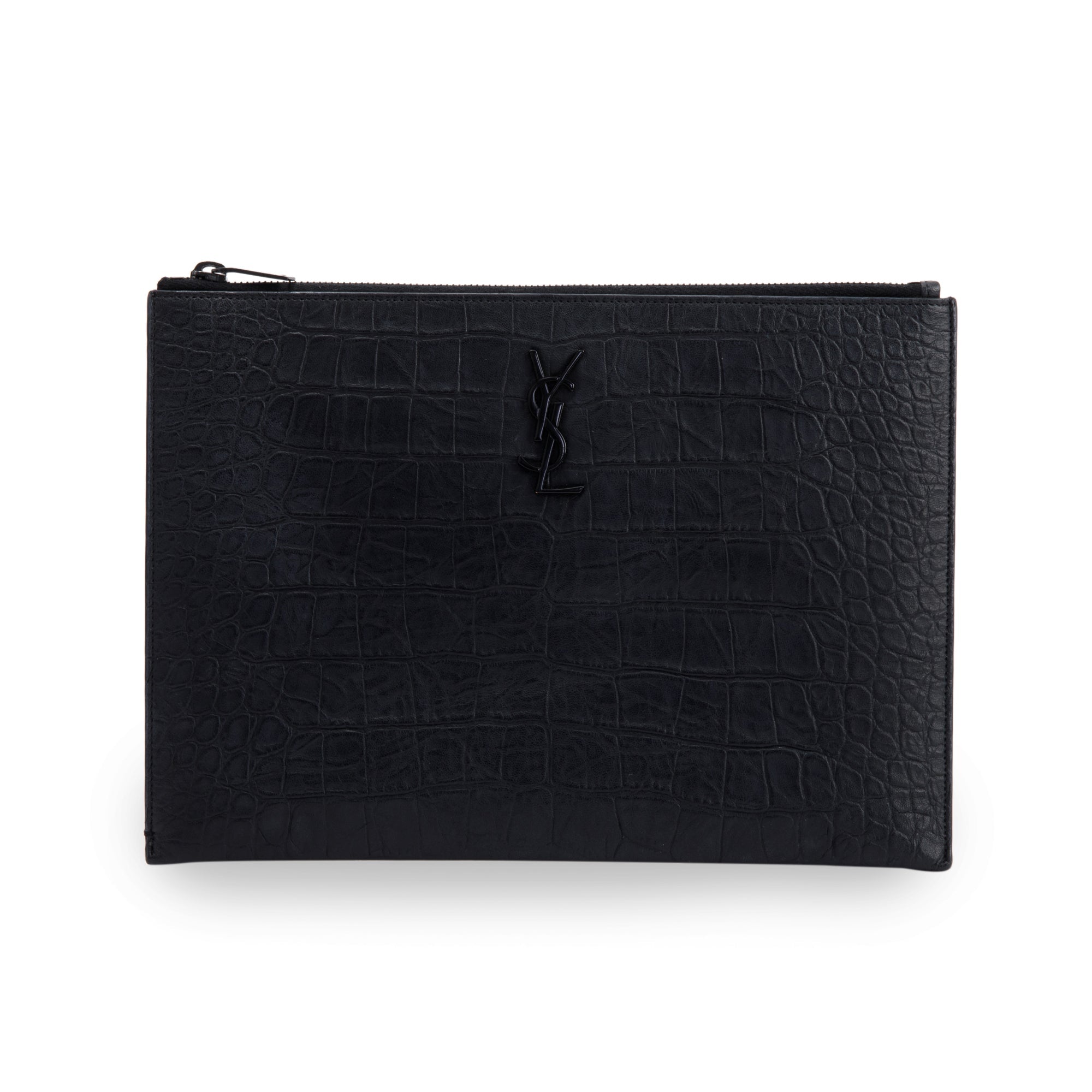 Saint Laurent Croc Embossed Monogram Zip Pouch w/ Box