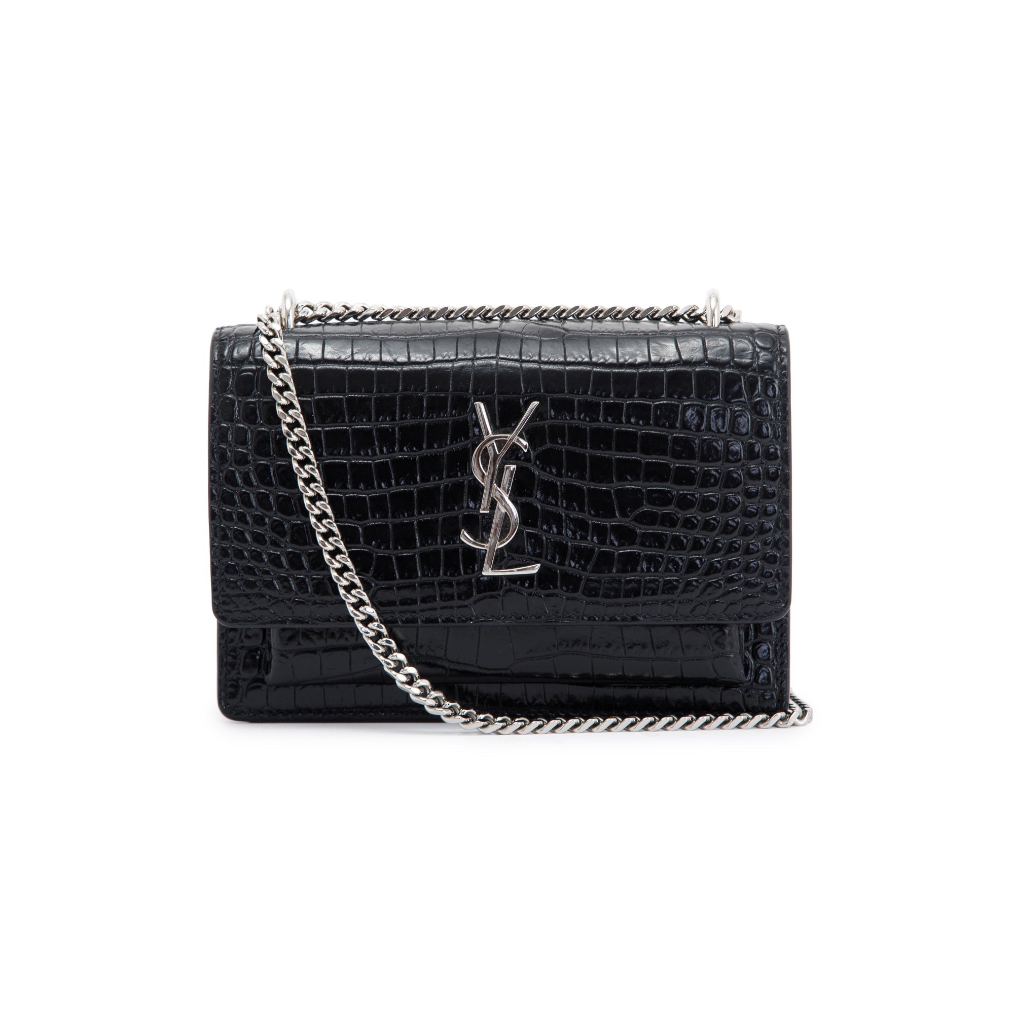 Saint Laurent Crocodile Embossed Sunset Chain Wallet w/ Box