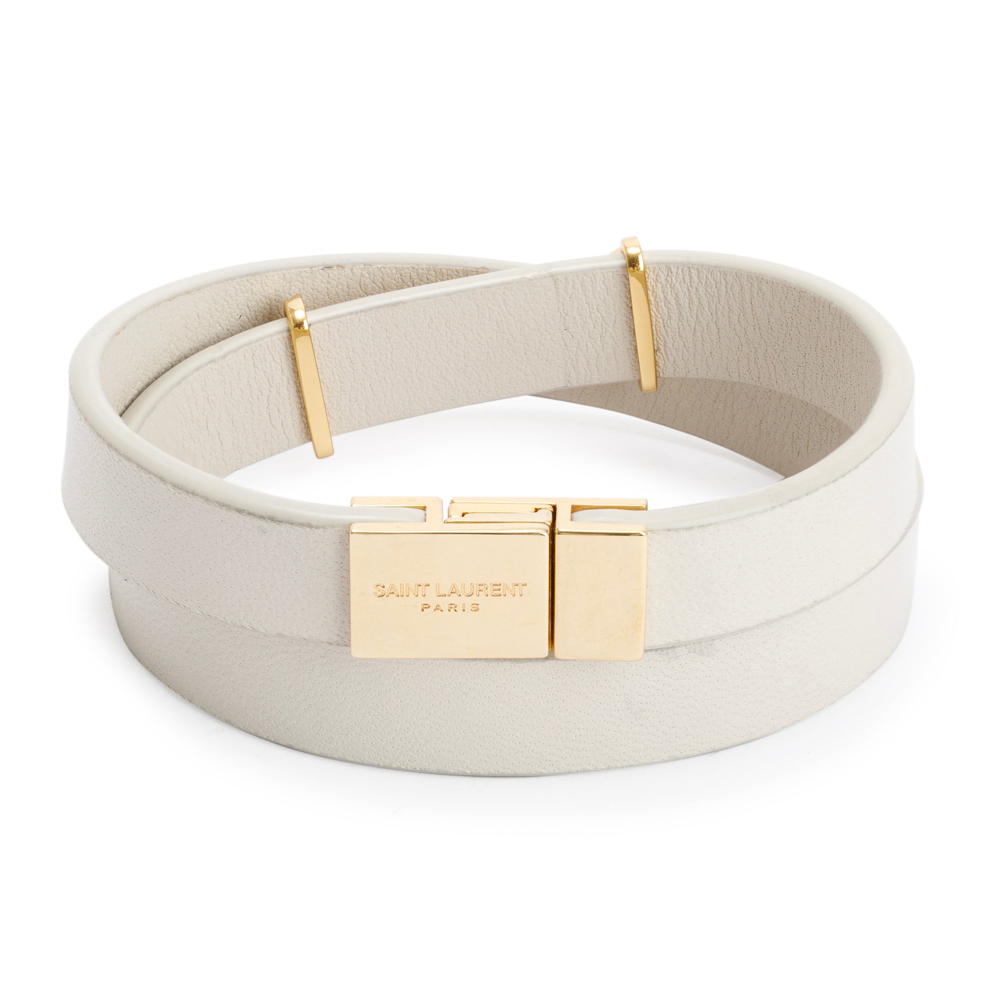 Saint Laurent Gold-Tone Metal Opyum Double Wrap White Vintage Leather Bracelet w/ Box