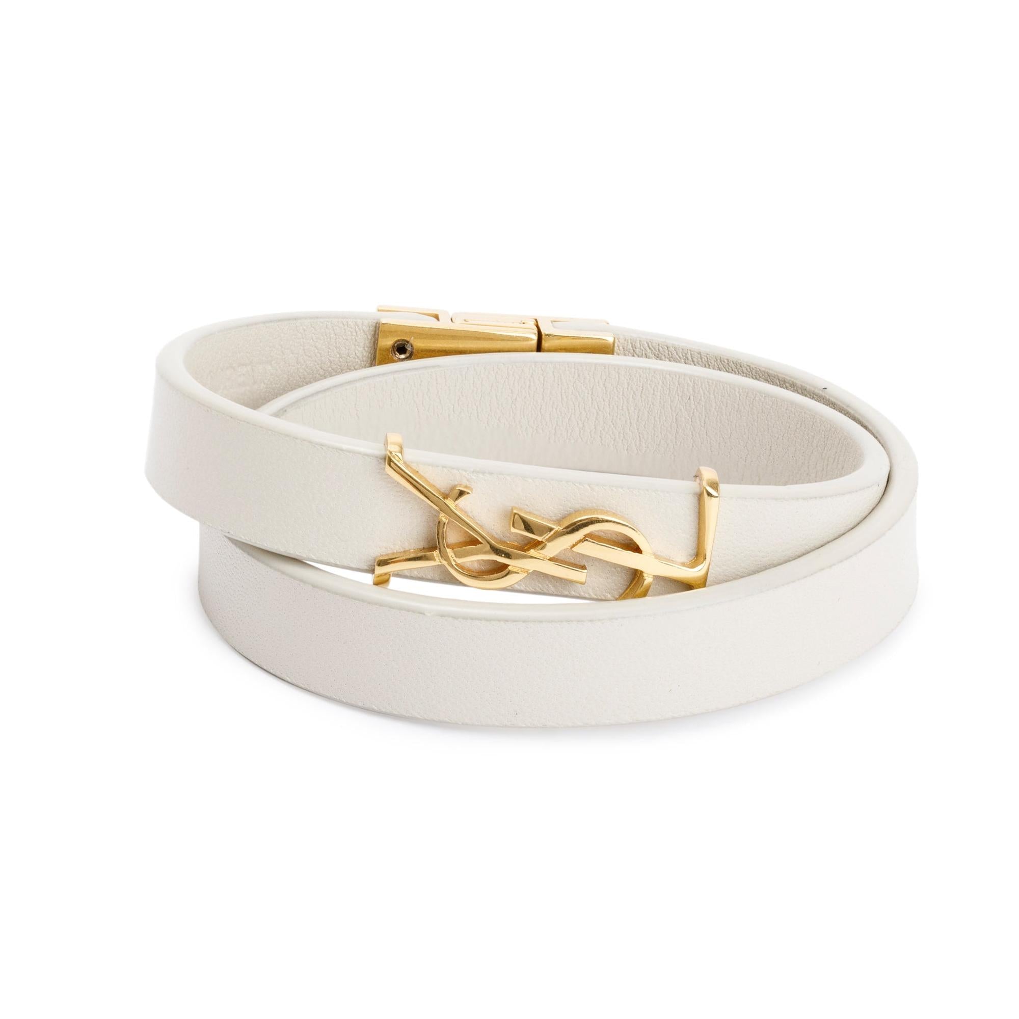 Saint Laurent Gold-Tone Metal Opyum Double Wrap White Vintage Leather Bracelet w/ Box