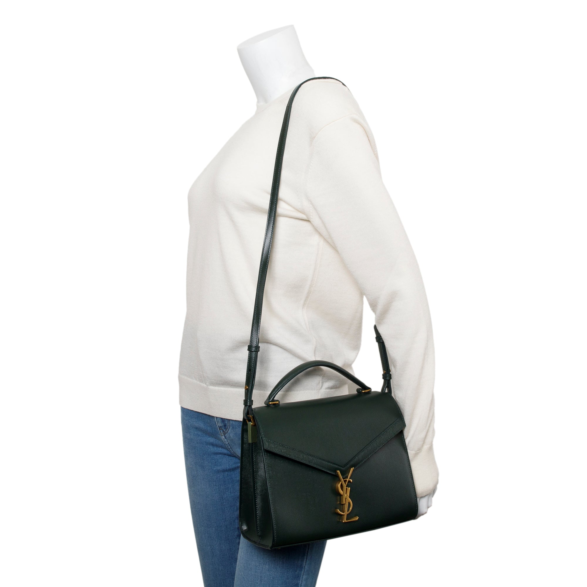 Saint Laurent Green Grain De Poudre Leather Cassandra Medium Top Handle Bag